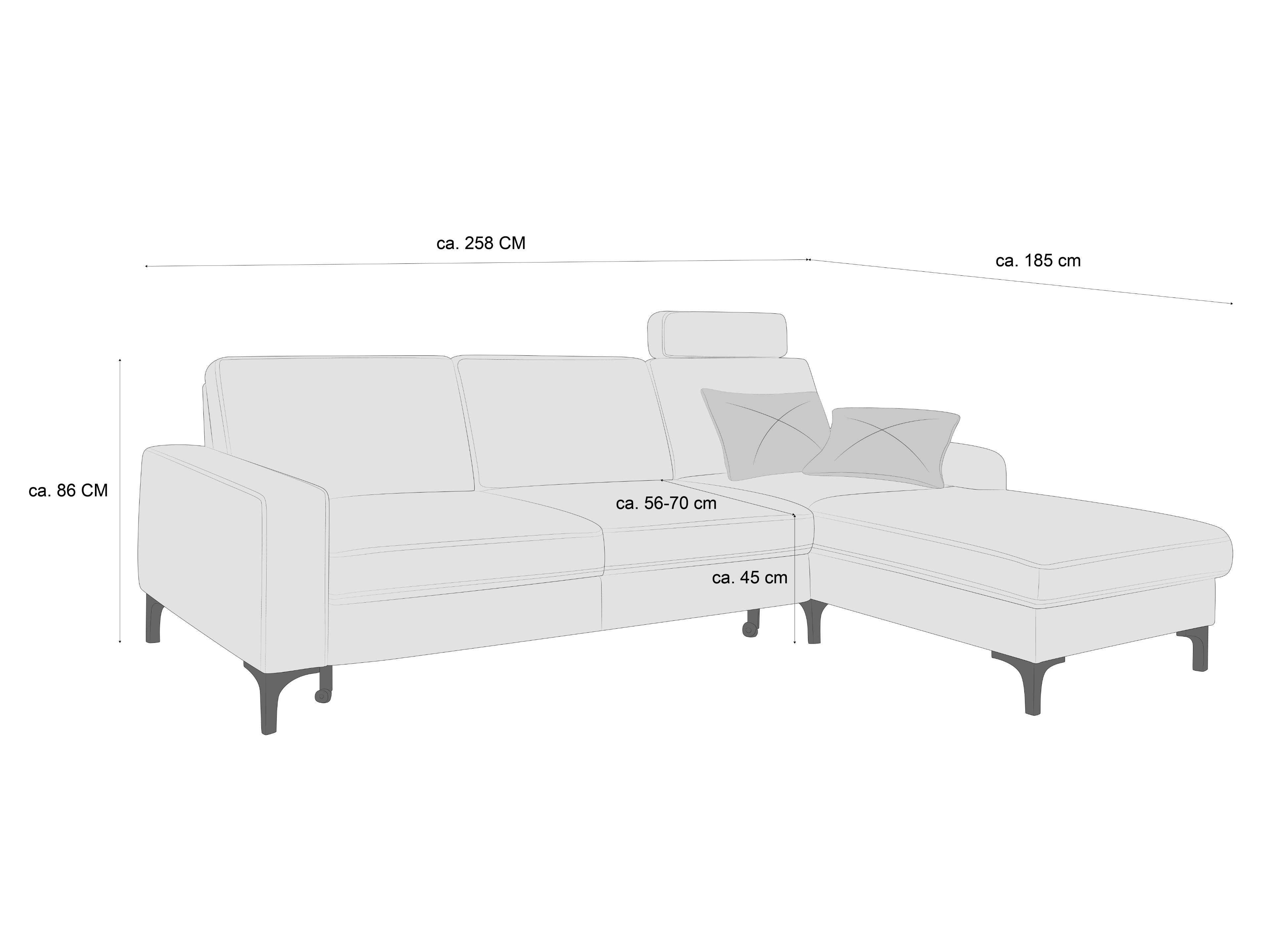 Ecksofa mit Armlehnen, verstellbarer Kopfstütze, zwei Kissen und dunklen Metallfüßen, L-Form