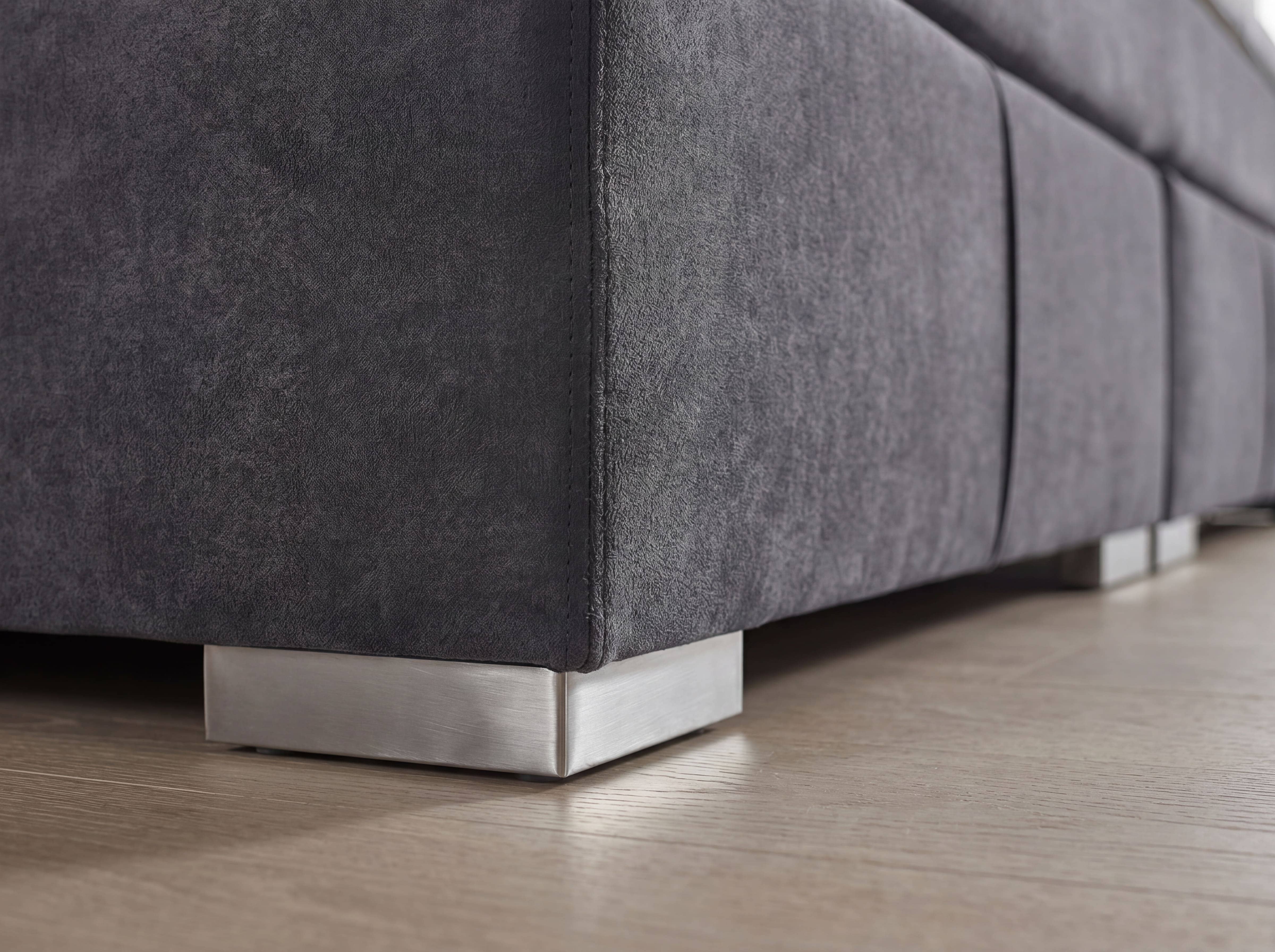 Boxspringbett Kabs, rechteckiger Korpus mit grauem Stoffbezug und eckigen Füßen aus Metall