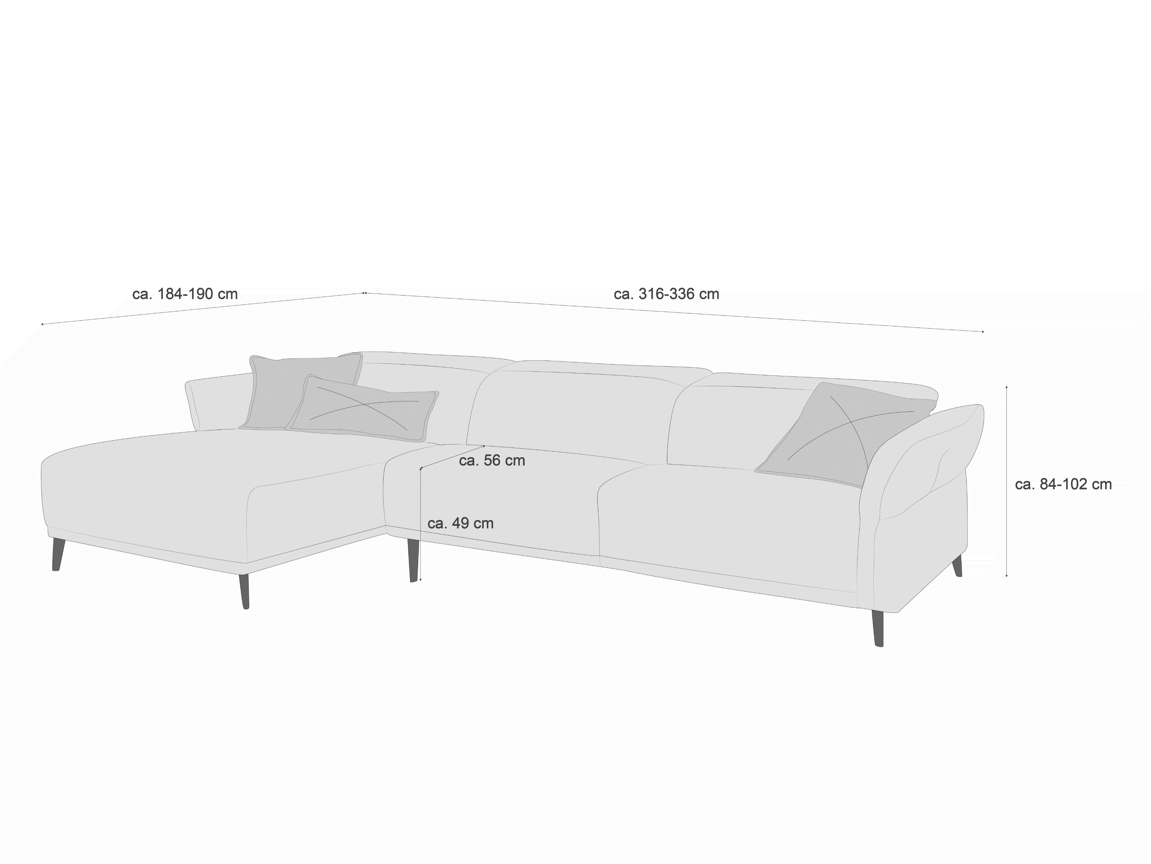 Ecksofa mit Stoffbezug, hell, L-Form, gepolsterte Rückenlehnen, Armlehnen, schmale schwarze Füße