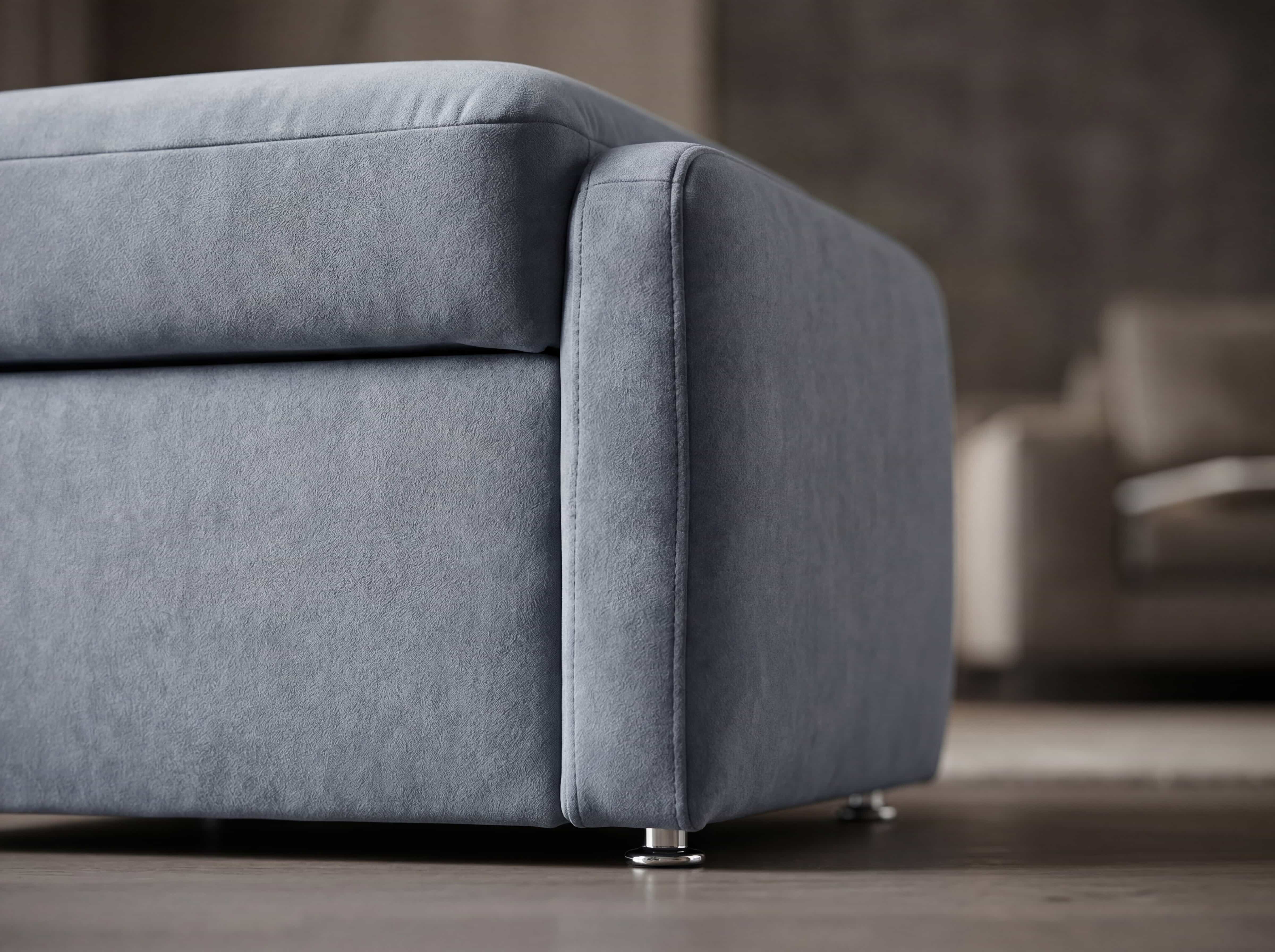 Ecksofa Kabs mit blauem Stoffbezug, breiter Armlehne und niedrigen Metallfüßen in Nahaufnahme