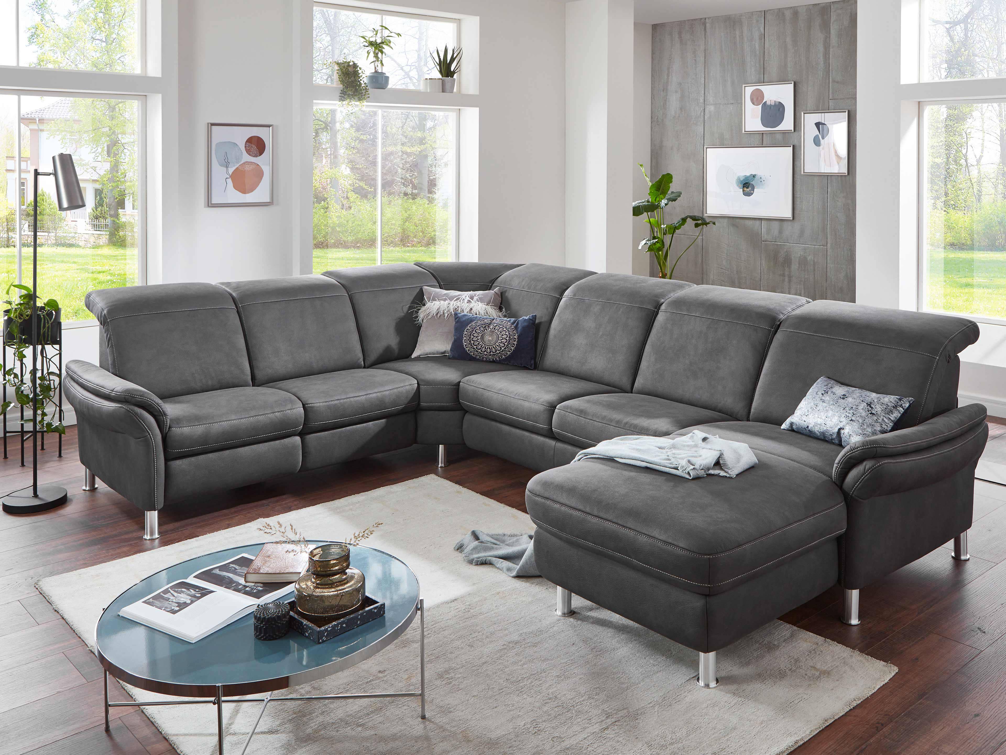 Ecksofa Kabs Polsterwelt mit grauem Stoffbezug, gepolsterter Rückenlehne und Metallfüßen