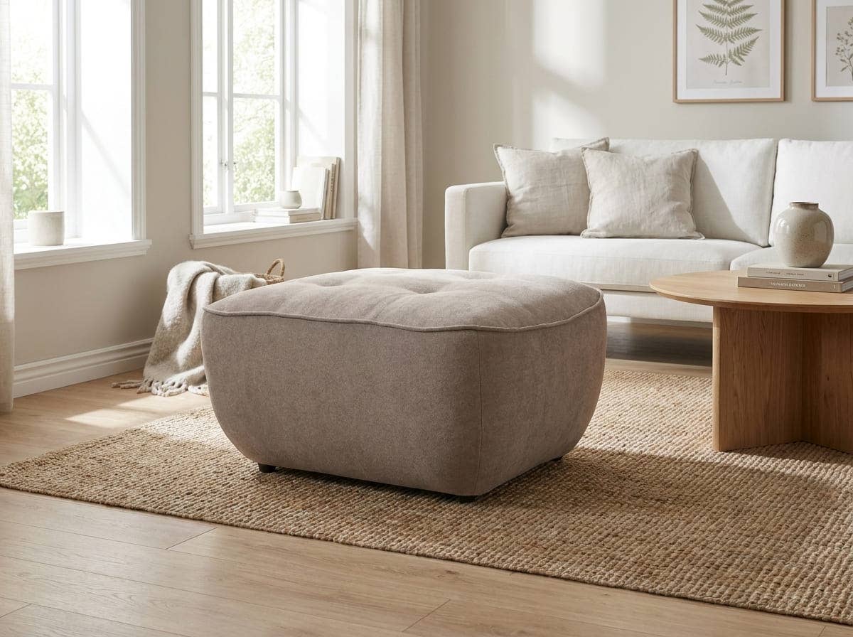 Polsterhocker in Beige mit weichem Stoffbezug, quadratische Form und dezenter Steppung oben