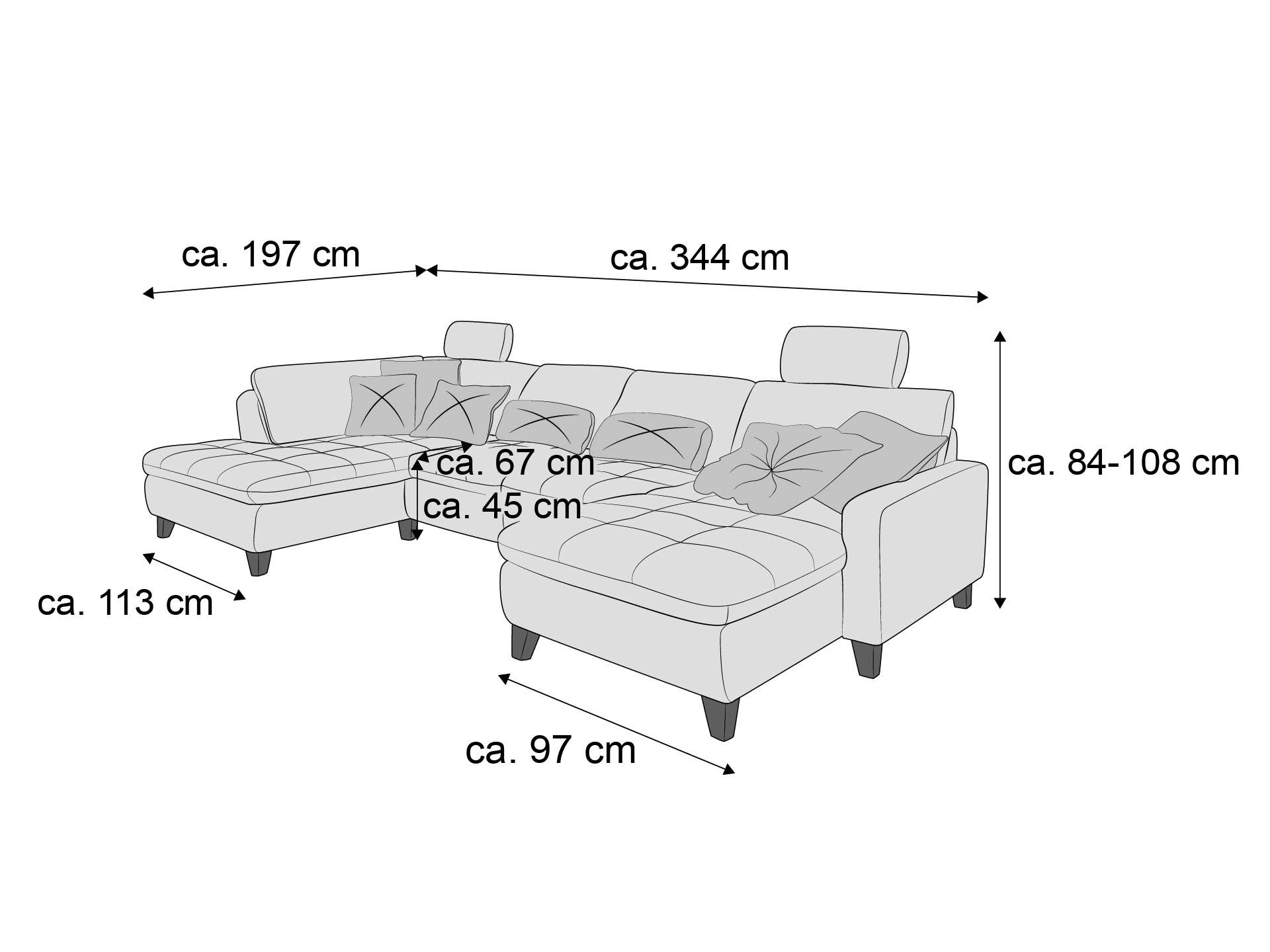 Ecksofa mit gepolstertem Stoffbezug, hoher Rückenlehne, Armlehnen und sichtbaren Sofafüßen