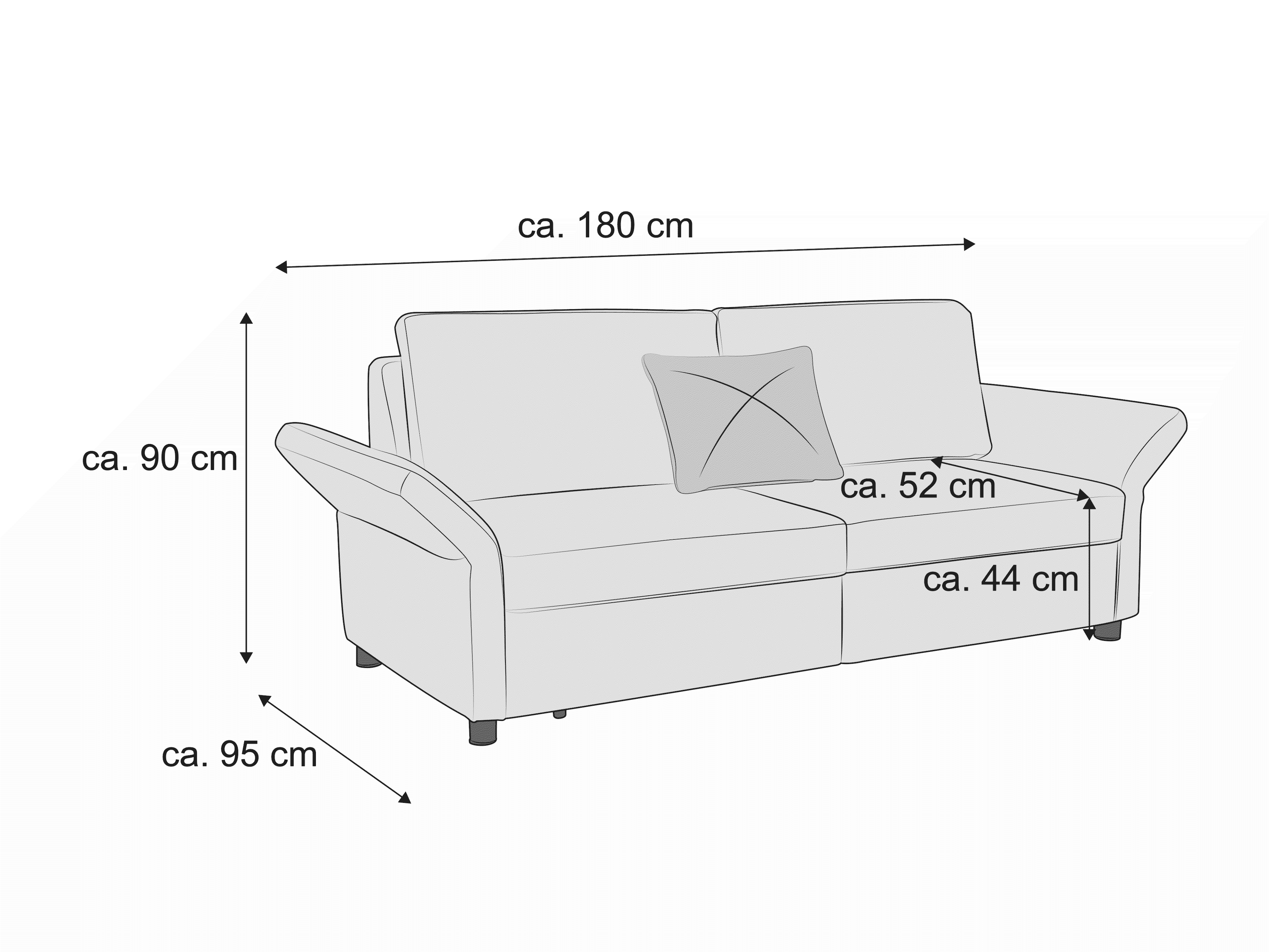 2-Sitzer Sofa mit gepolsterten Armlehnen, Stoffbezug, rechteckigen Sitzflächen und Kissen