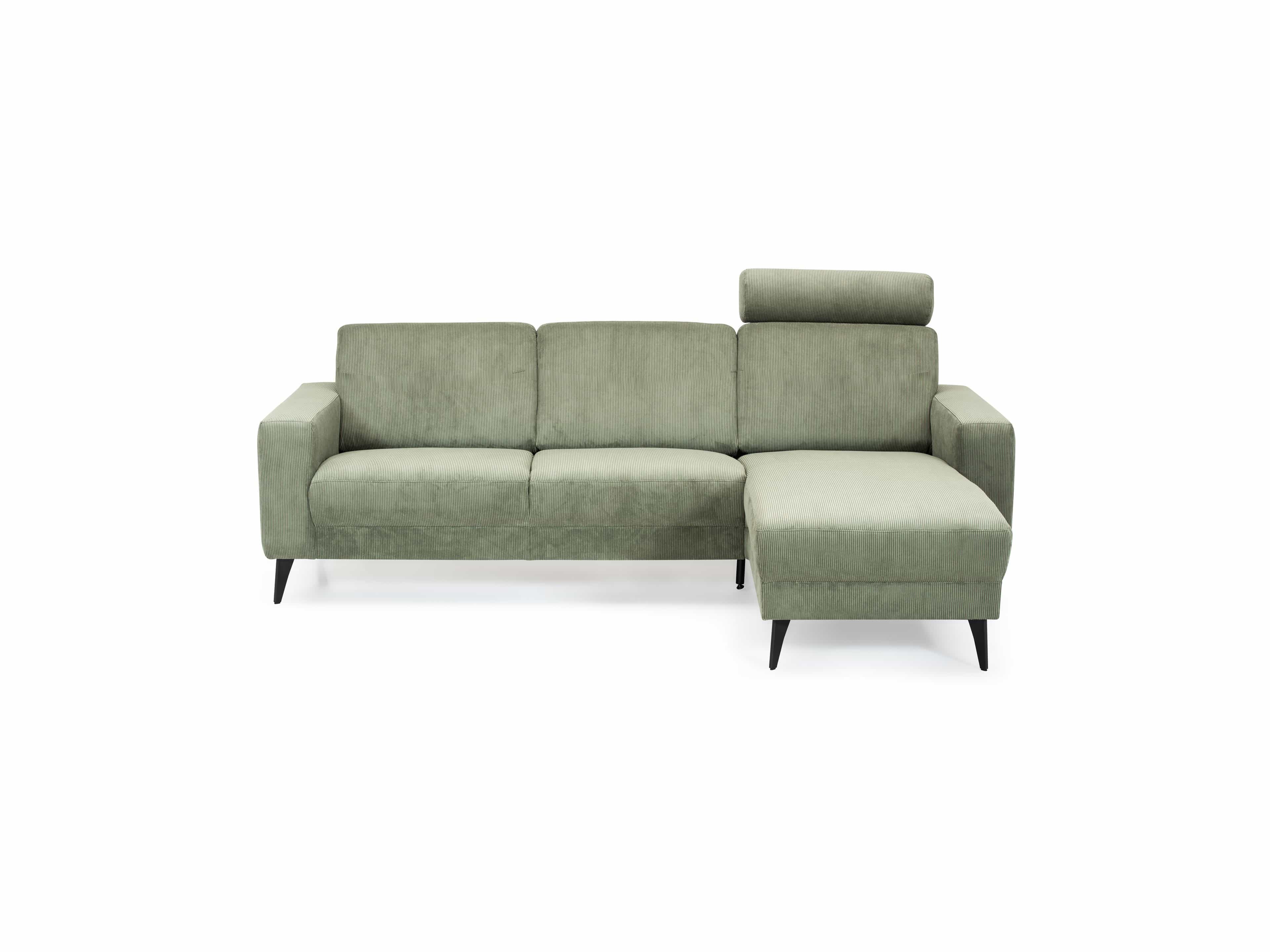 Ecksofa Karlson – grüner Cordbezug in L-Form mit Armlehnen, Kopfstütze und schwarzen Füßen