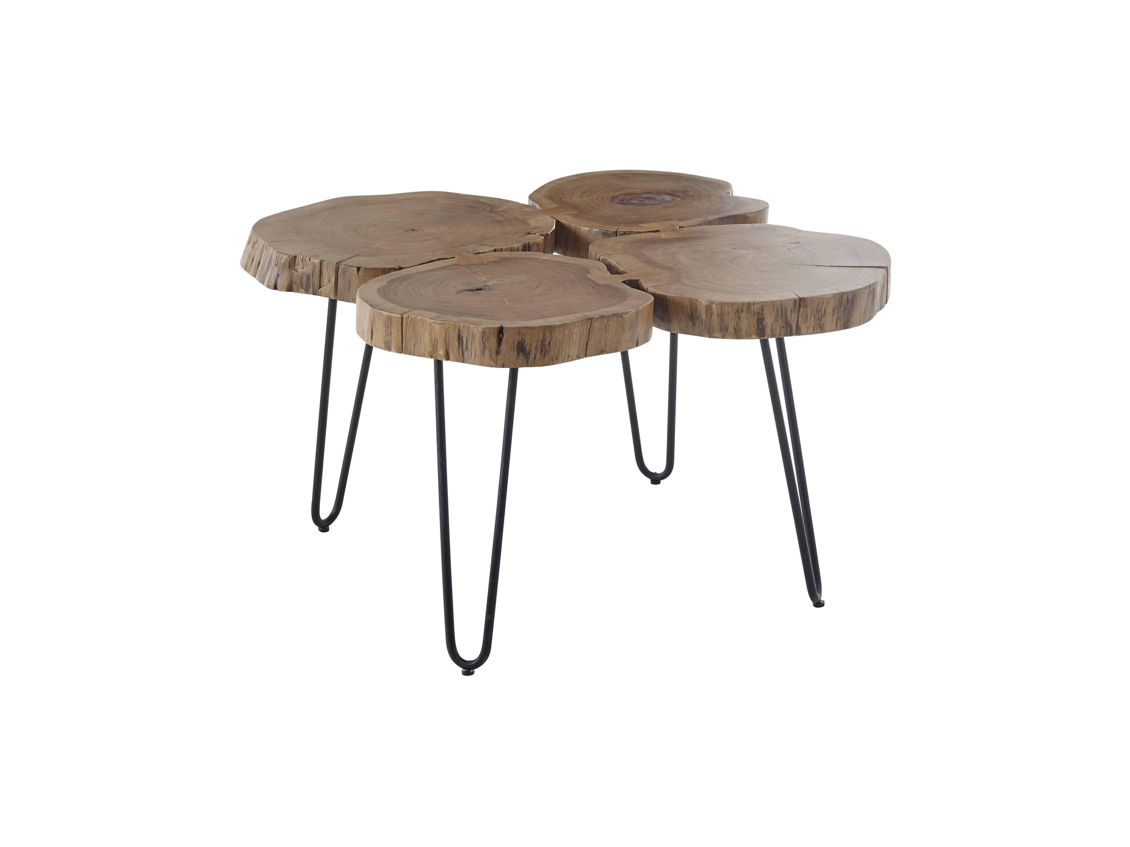 Couchtisch Setaria Mini – Tischplatte aus naturfarbenem Holz mit unregelmäßiger Baumkantenoptik und schlanken schwarzen Metallbeinen