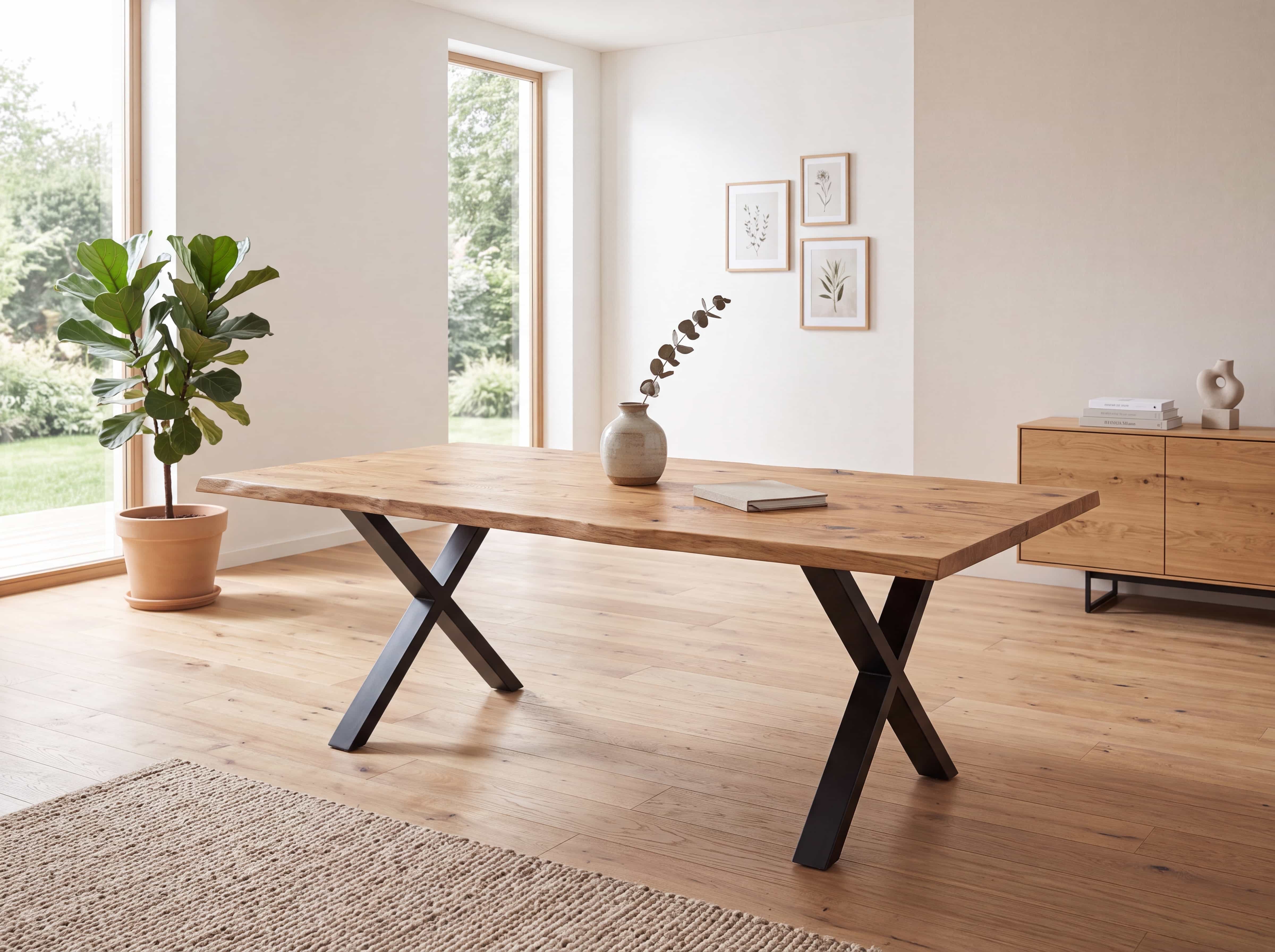 Esstisch mit rechteckiger Tischplatte aus Holz und schwarzem Kreuzgestell aus Metall, naturfarben.