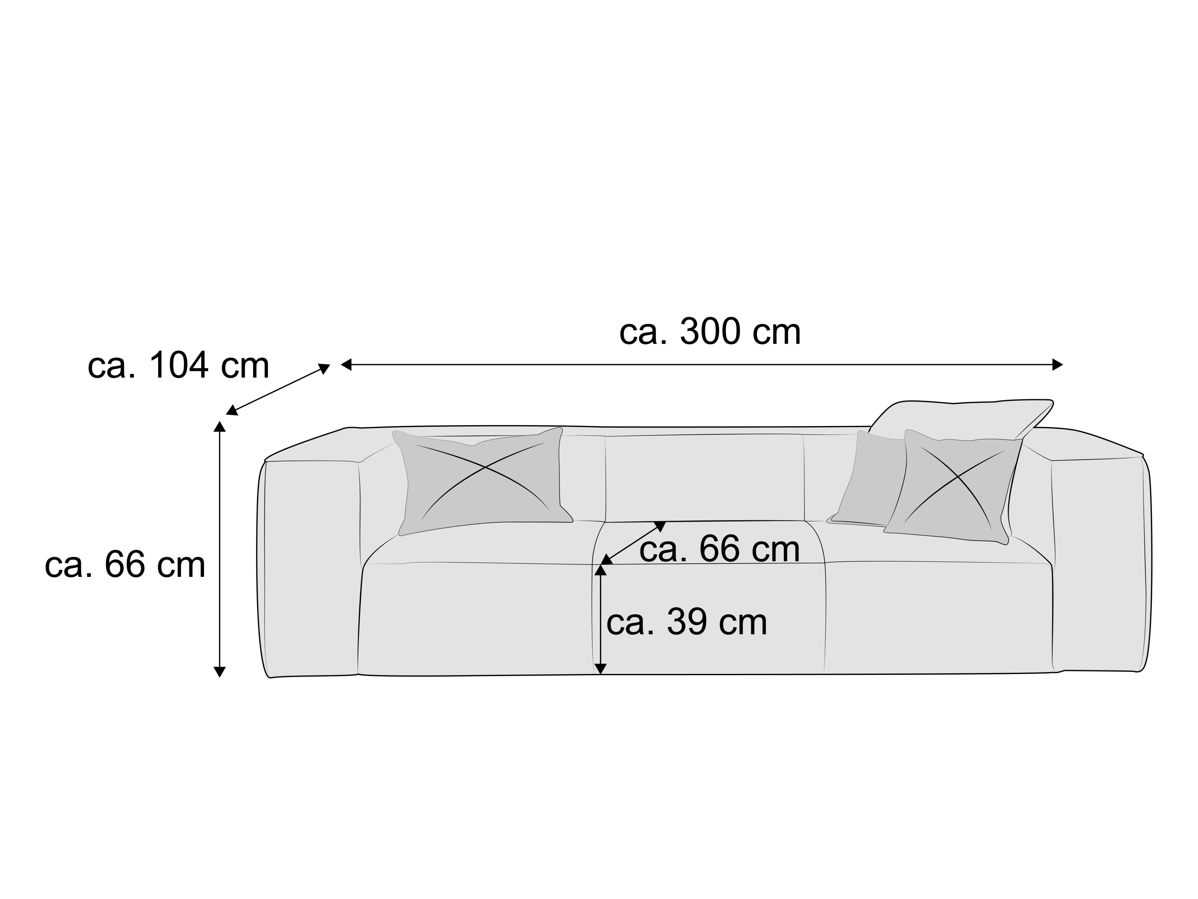 3-Sitzer Sofa mit Armlehnen, gepolstert, zwei Rückenkissen, Frontansicht, Maßeinteilung sichtbar
