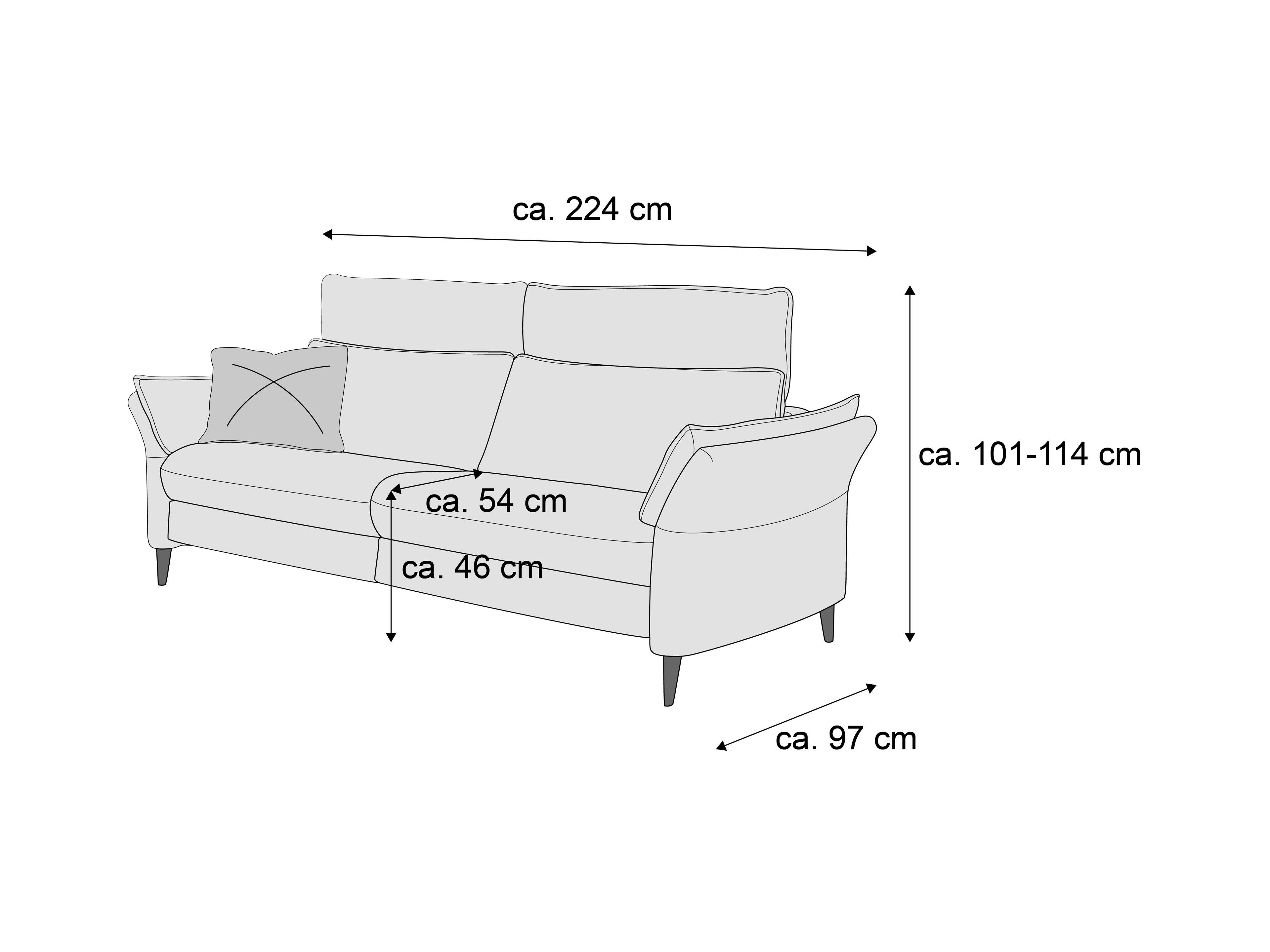 3-Sitzer Sofa mit Stoffbezug, hoher Rückenlehne, Armlehnen, sichtbaren Füßen und Zierkissen