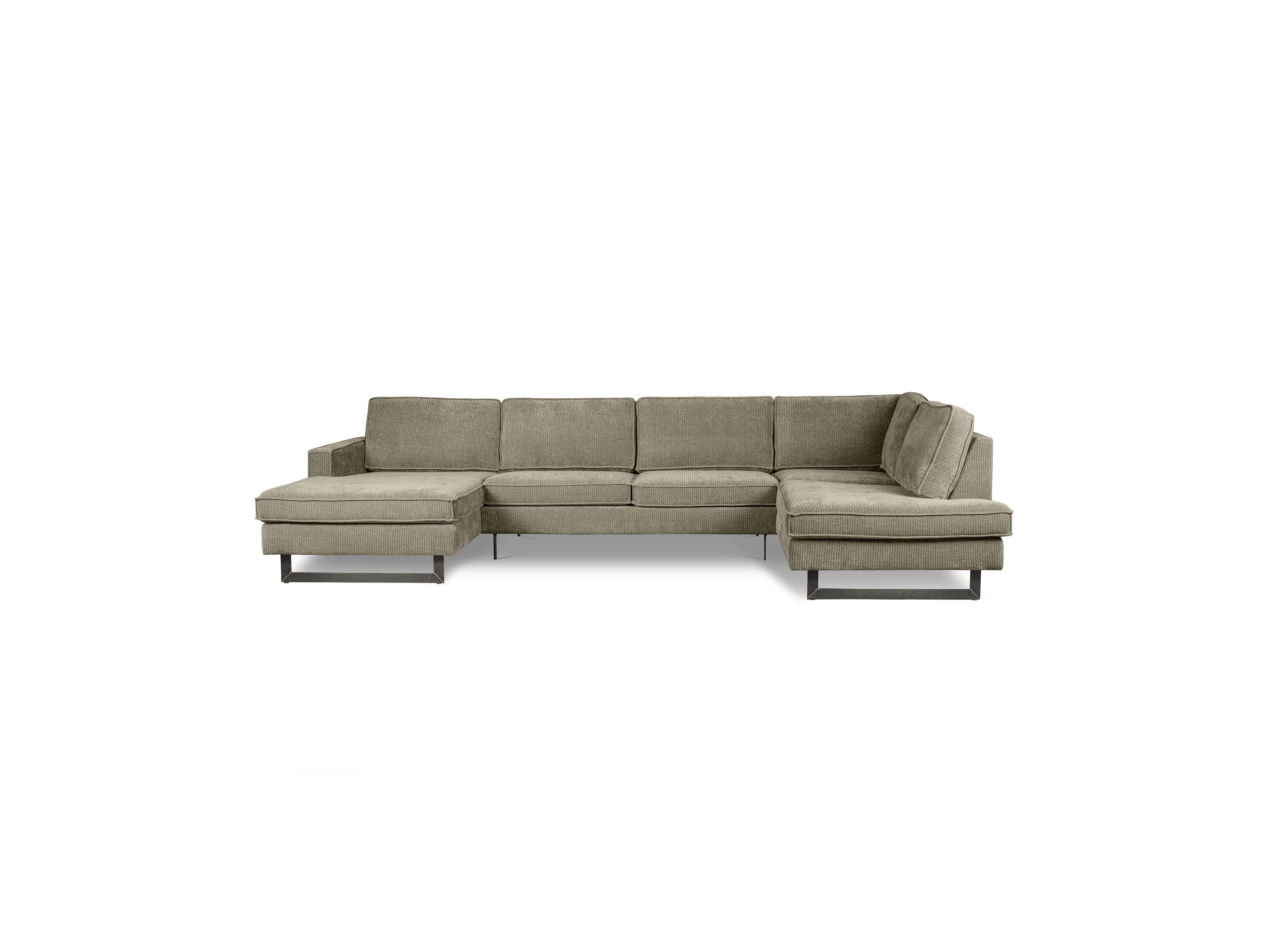 Ecksofa Modell mit grauem Stoffbezug, L-Form, Armlehnen, gepolsterte Sitzfläche, schwarze Füße
