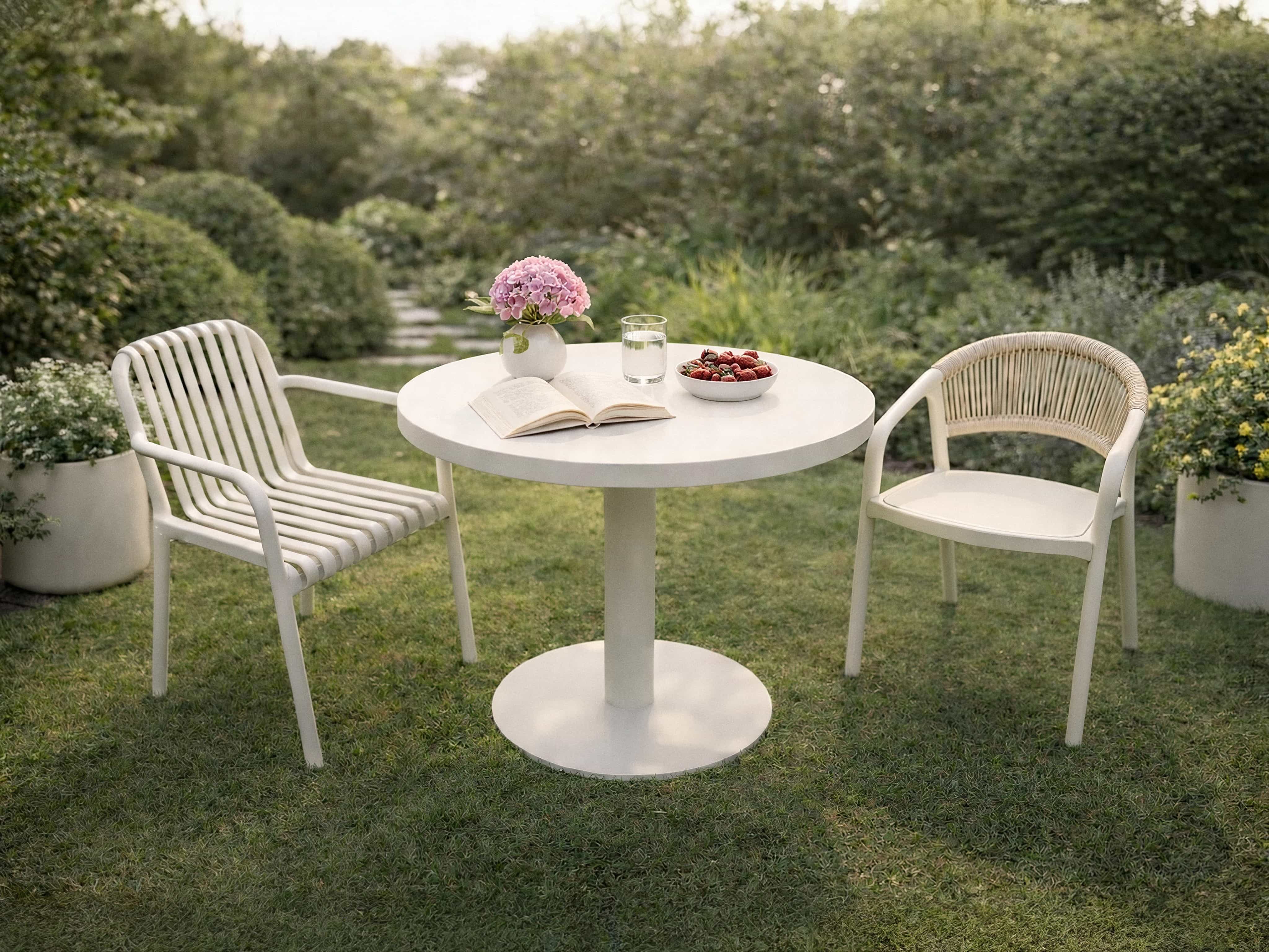 Runder Gartentisch aus hellem Material mit Mittelfuß, zwei verschiedene Gartenstühle in hellen Farben