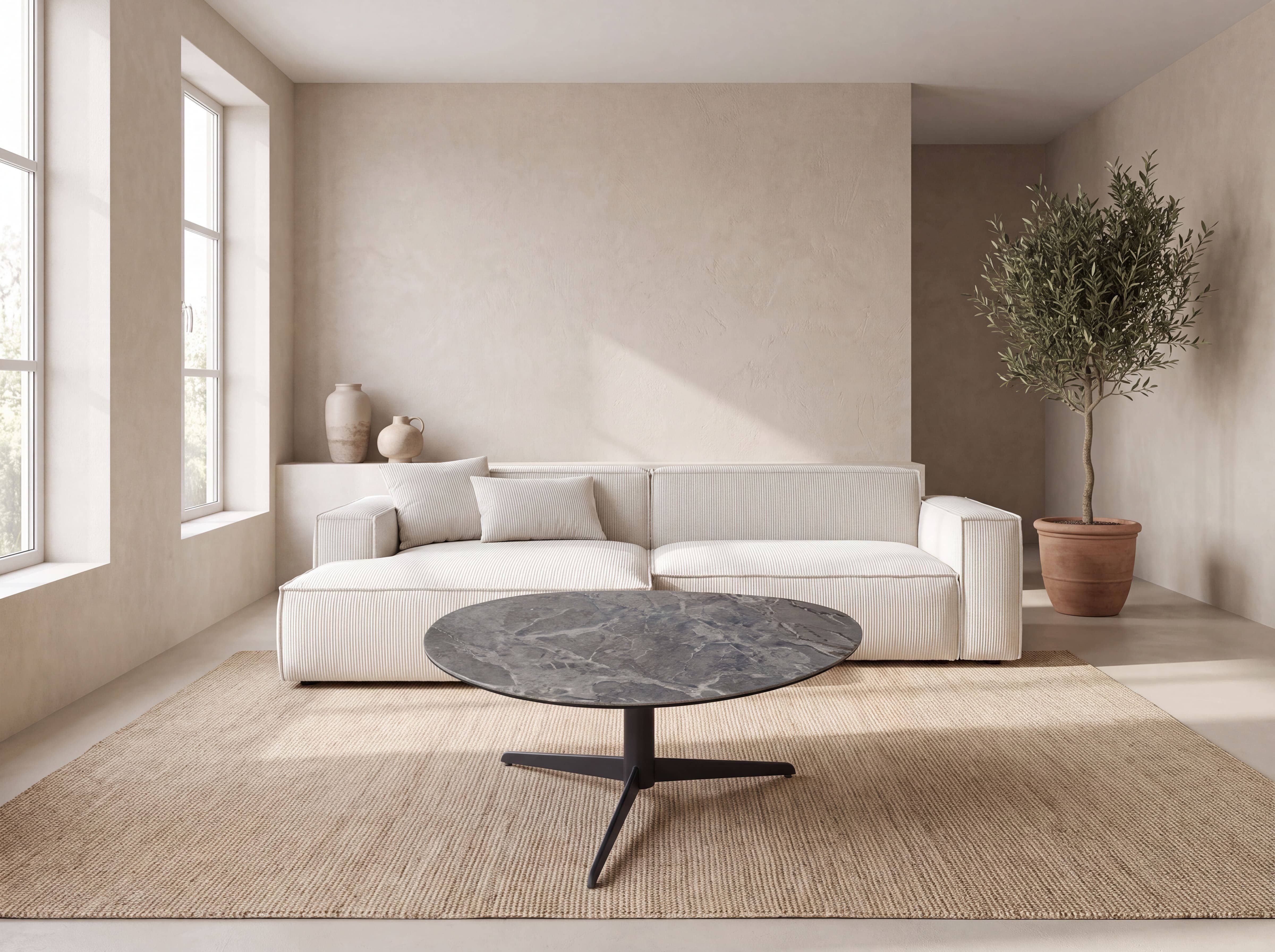 Ecksofa Kabs Polsterwelt mit cremefarbenem Stoffbezug und Armlehnen, kubische Form, gepolstert
