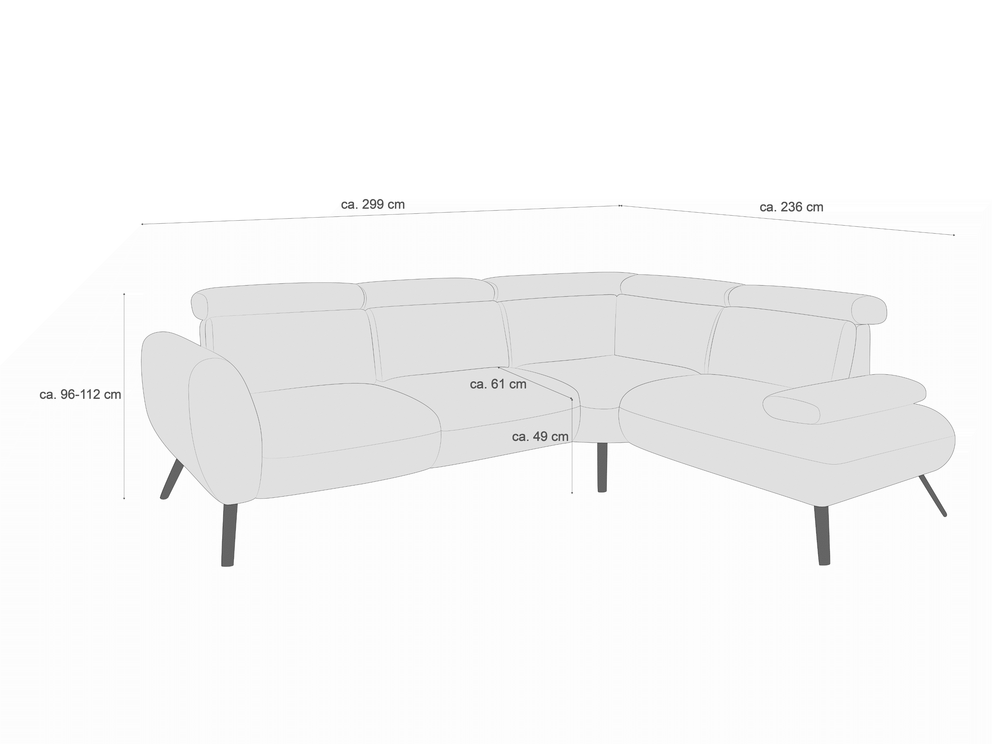 Ecksofa mit Stoffbezug, helle Farbe, L-Form, Polsterung, rundliche Armlehnen, sichtbare Füße