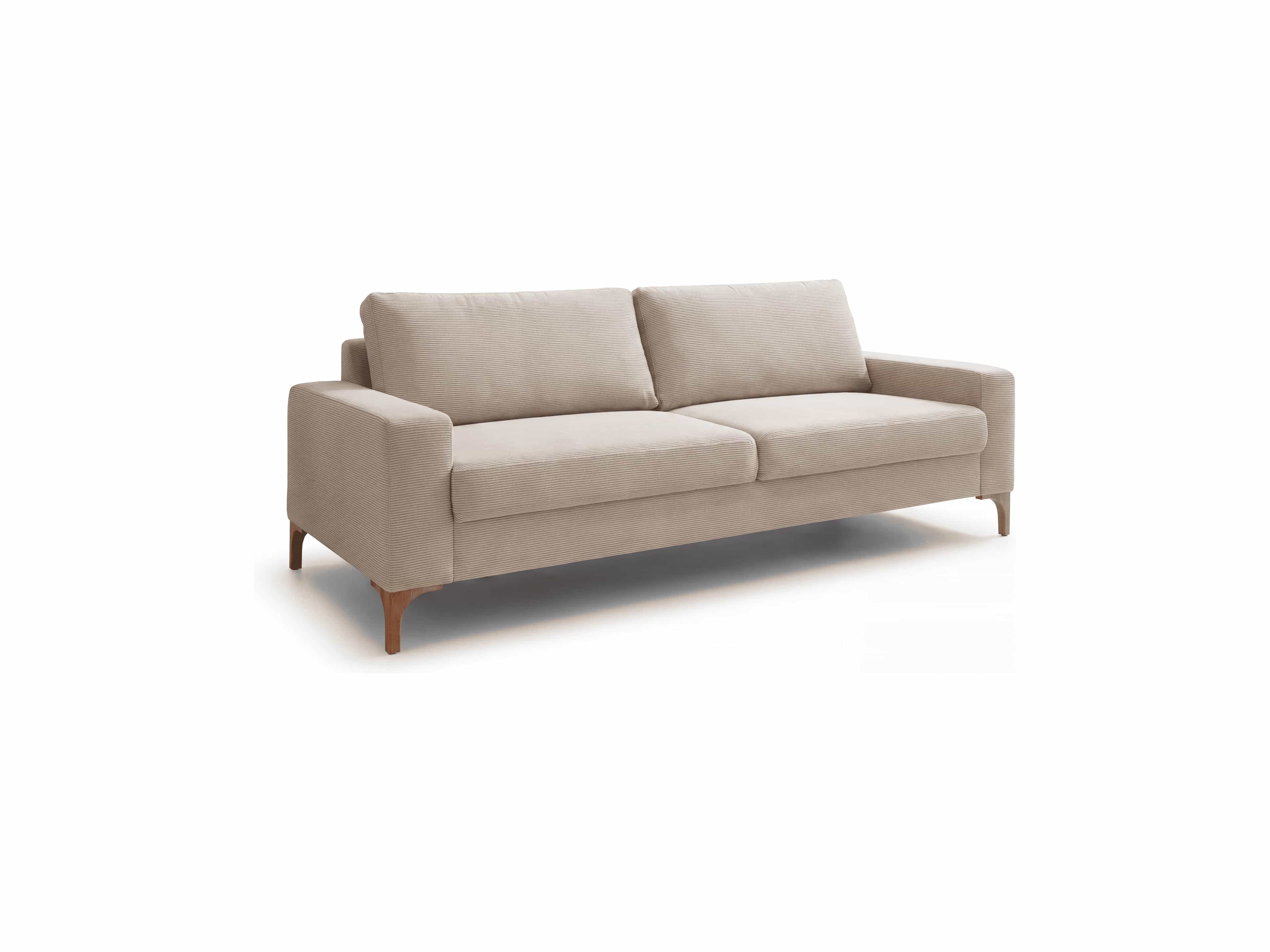 3-Sitzer Sofa Maik mit beigem Stoffbezug, zwei Sitzpolstern, Armlehnen und Holzfüßen