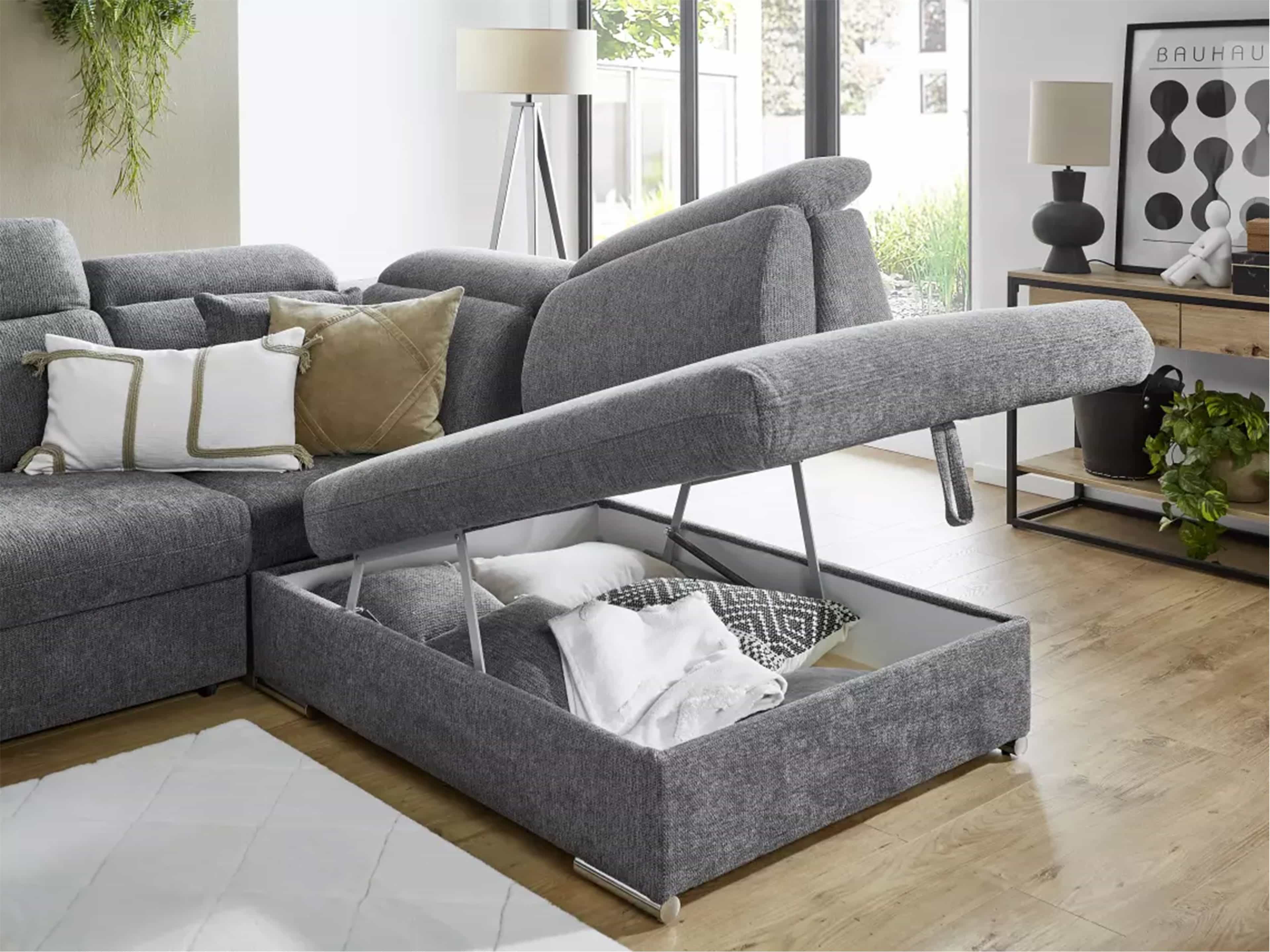 Ecksofa mit grauem Stoffbezug, Ottomane mit aufklappbarem Bettkasten und gepolsterter Rückenlehne