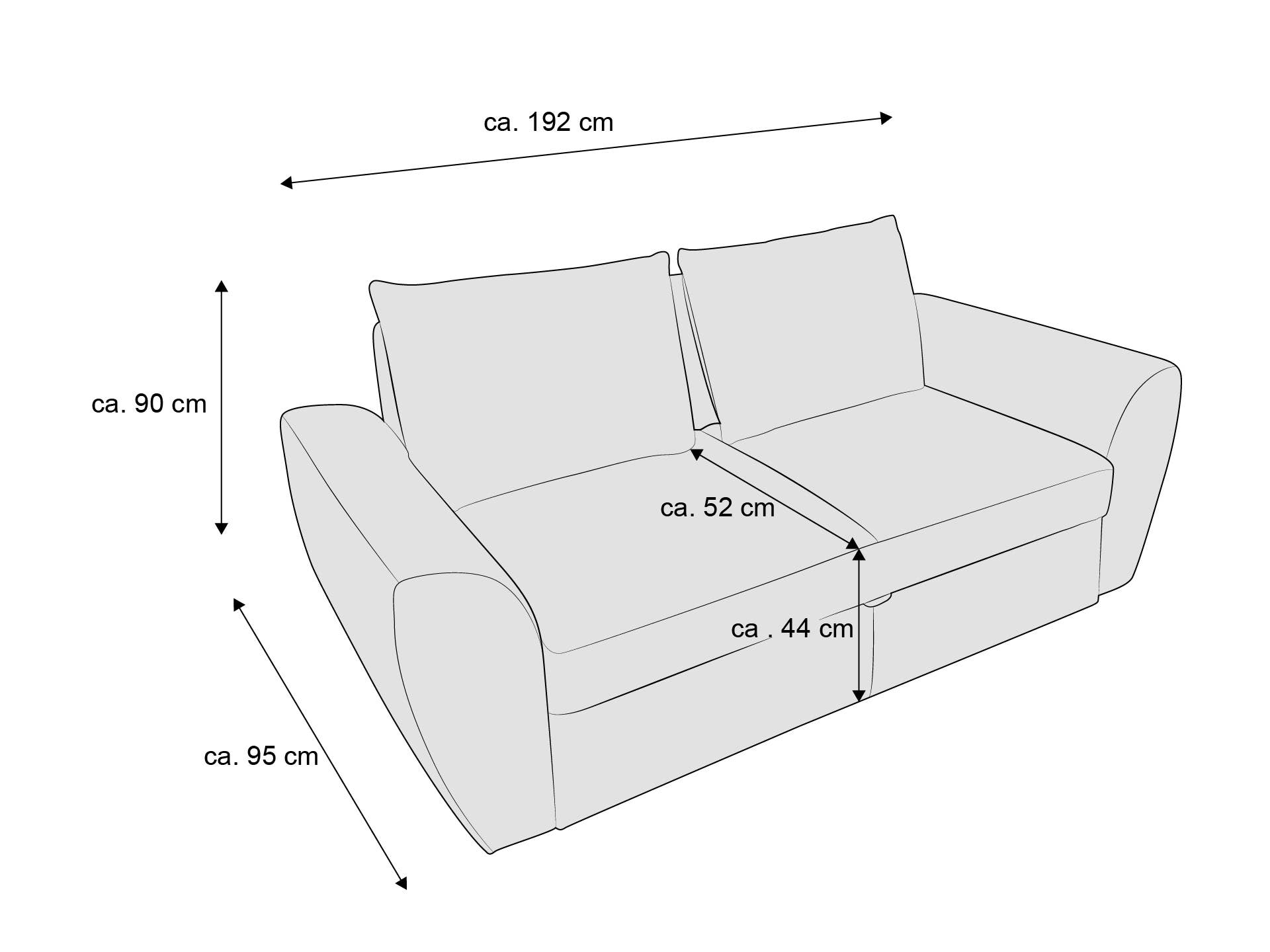 2-Sitzer Sofa mit gepolsterten Armlehnen, zwei Rückenkissen und geradlinigem Aufbau, Ansicht schräg