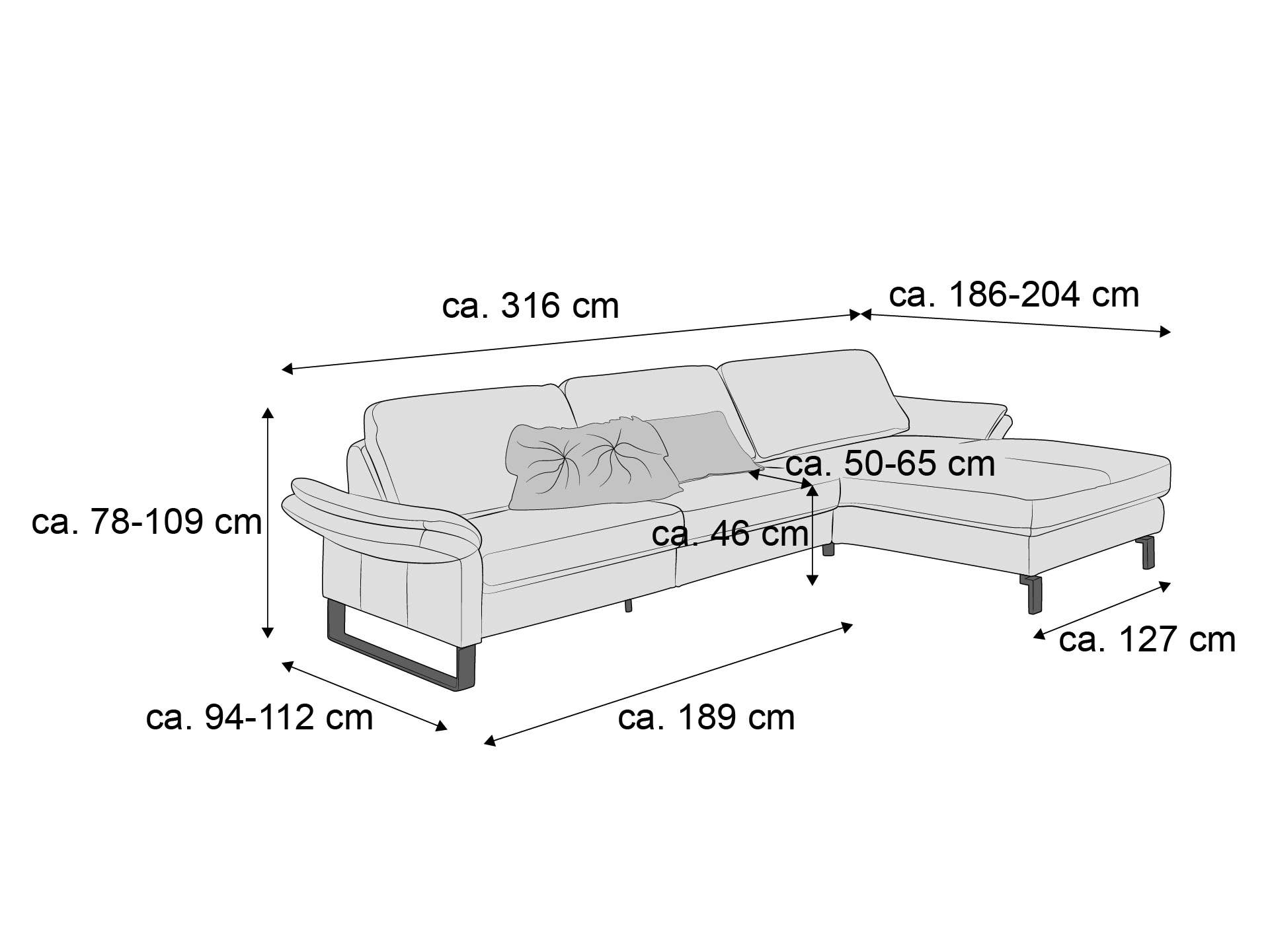 Ecksofa mit Stoffbezug, L-Form, Armlehnen und Kissen, sichtbare Metall- und Holzfüße, helles Design