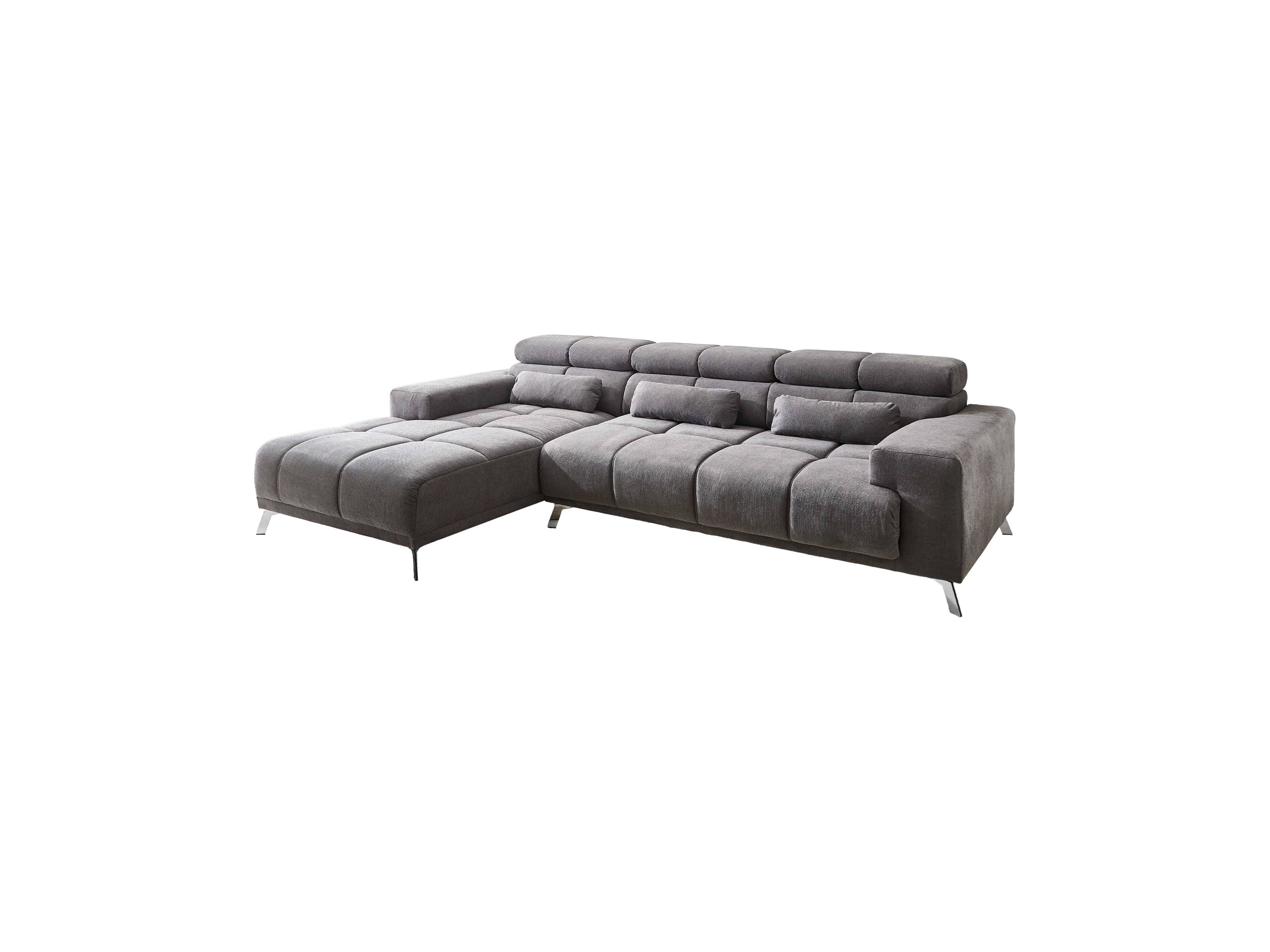 Ecksofa Leon aus grauem Stoff mit Armlehnen, verstellbaren Kopfstützen und Metallfüßen