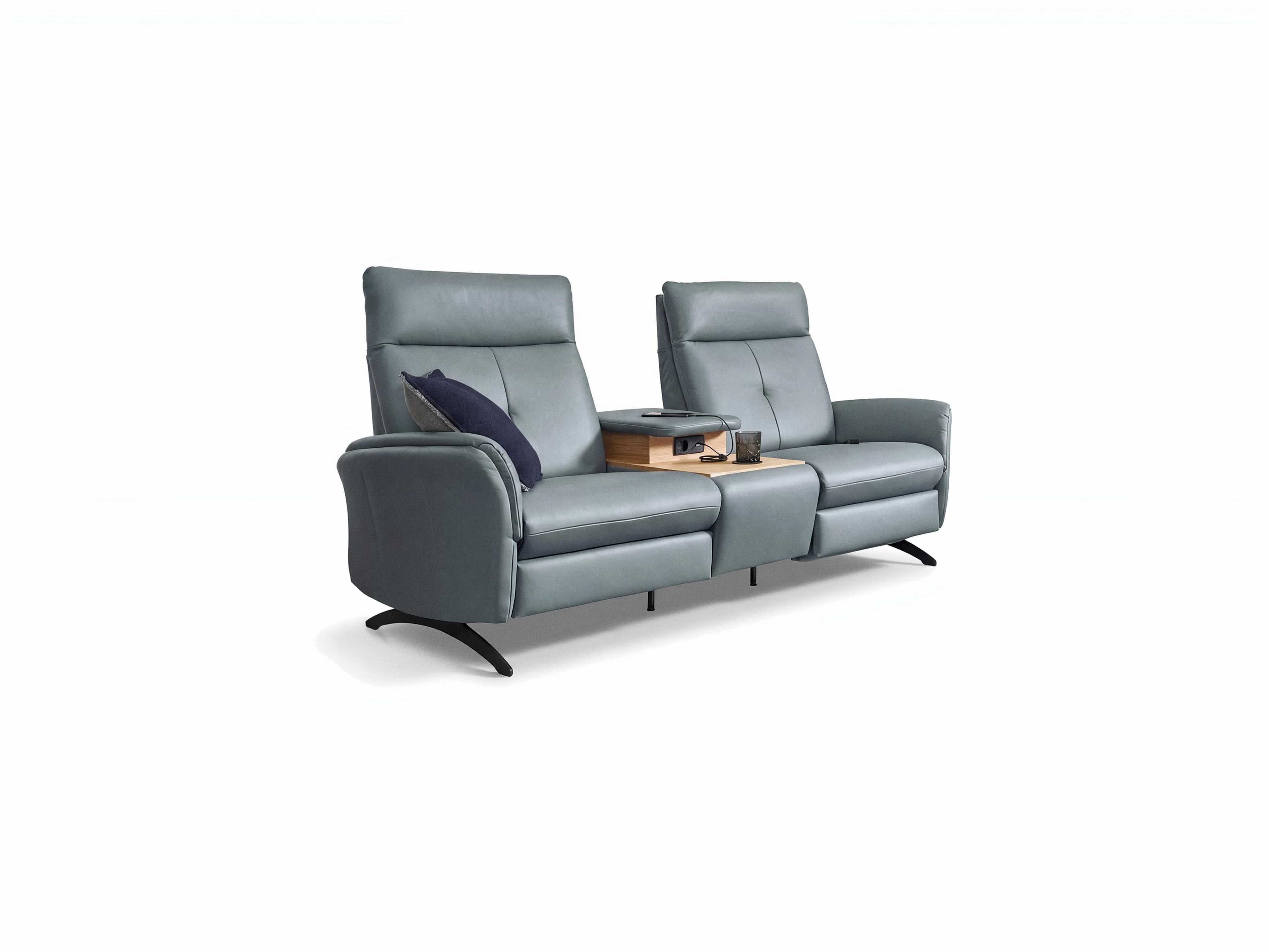 2-Sitzer Ledersofa in Grau mit hoher Rückenlehne, Armlehnen und integrierter Ablage in der Mitte