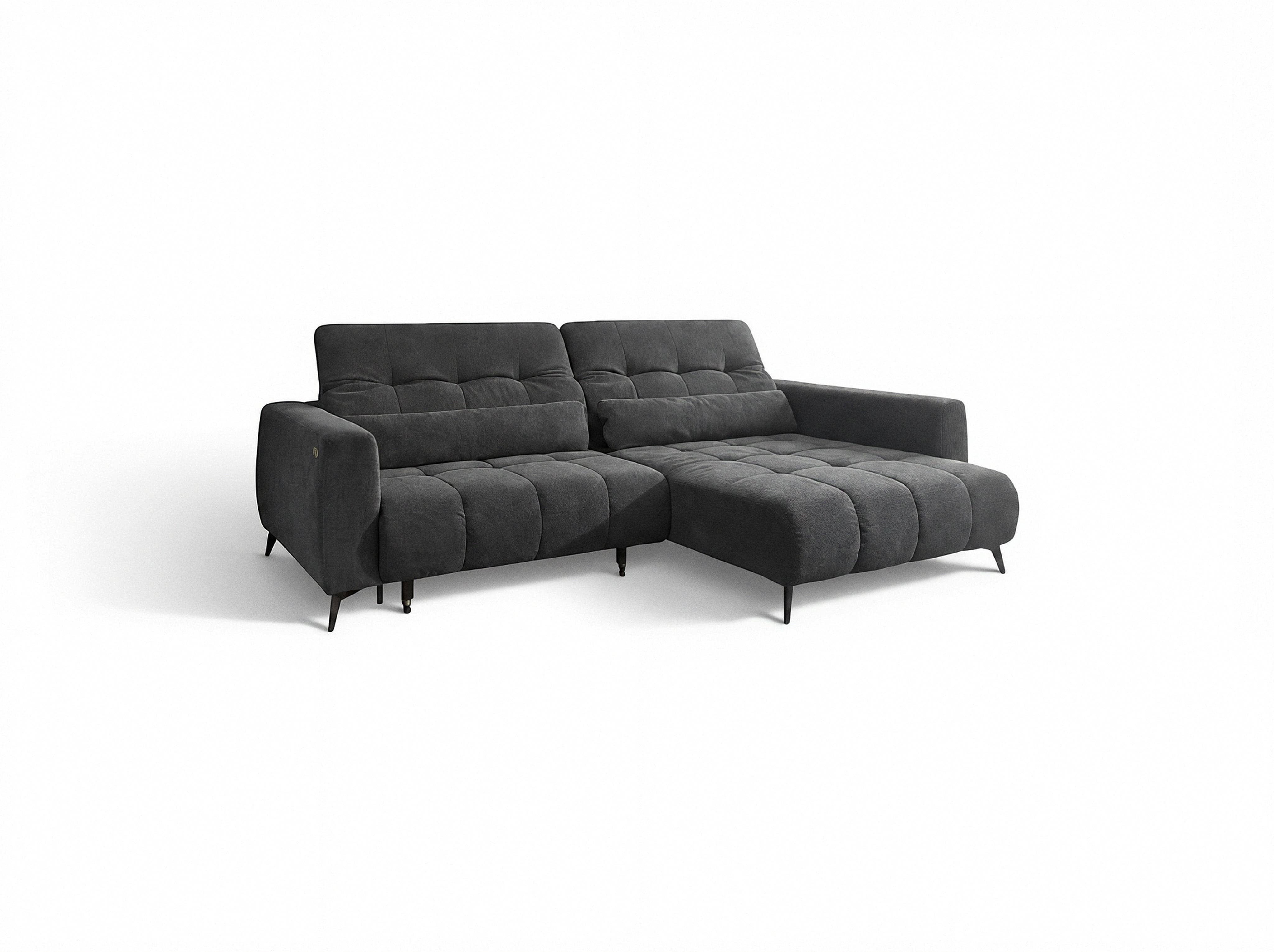 Ecksofa Kabs mit dunkelgrauem Stoffbezug, gepolsterter Sitzfläche und Rückenlehne, Metallfüßen