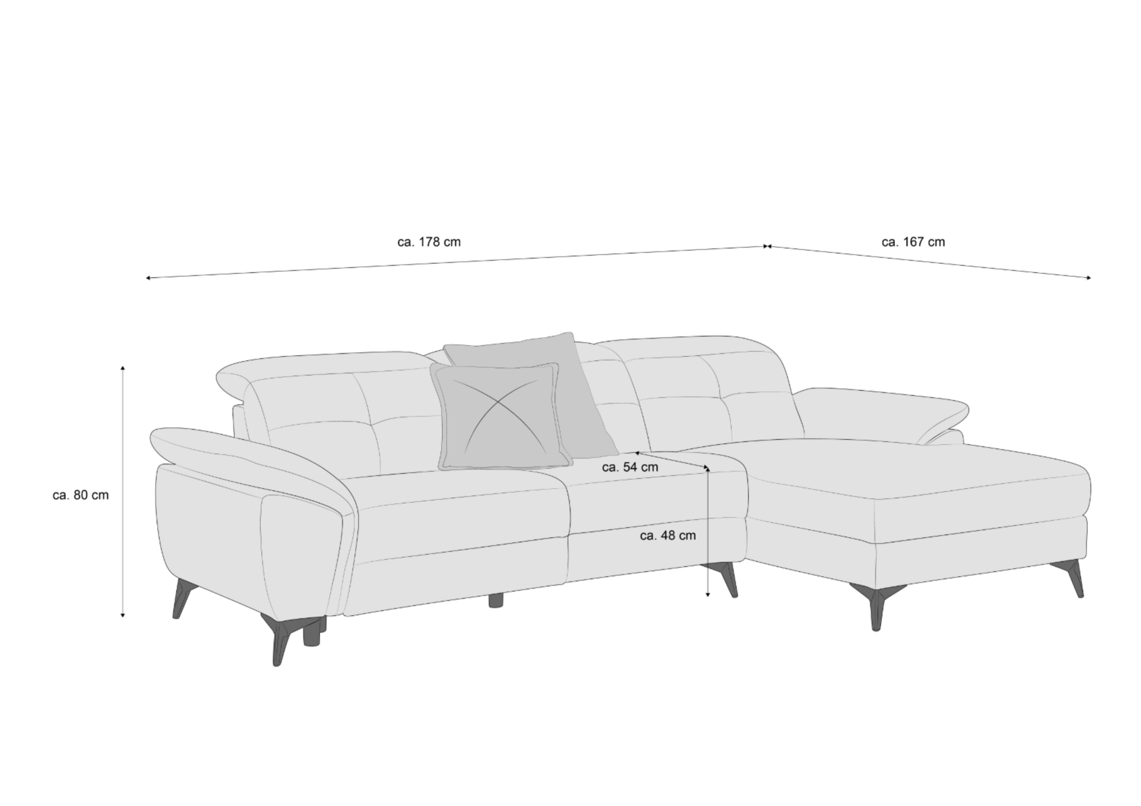 Ecksofa mit Armlehnen, sichtbaren Ziernähten, gepolsterter Rückenlehne und schrägen Füßen
