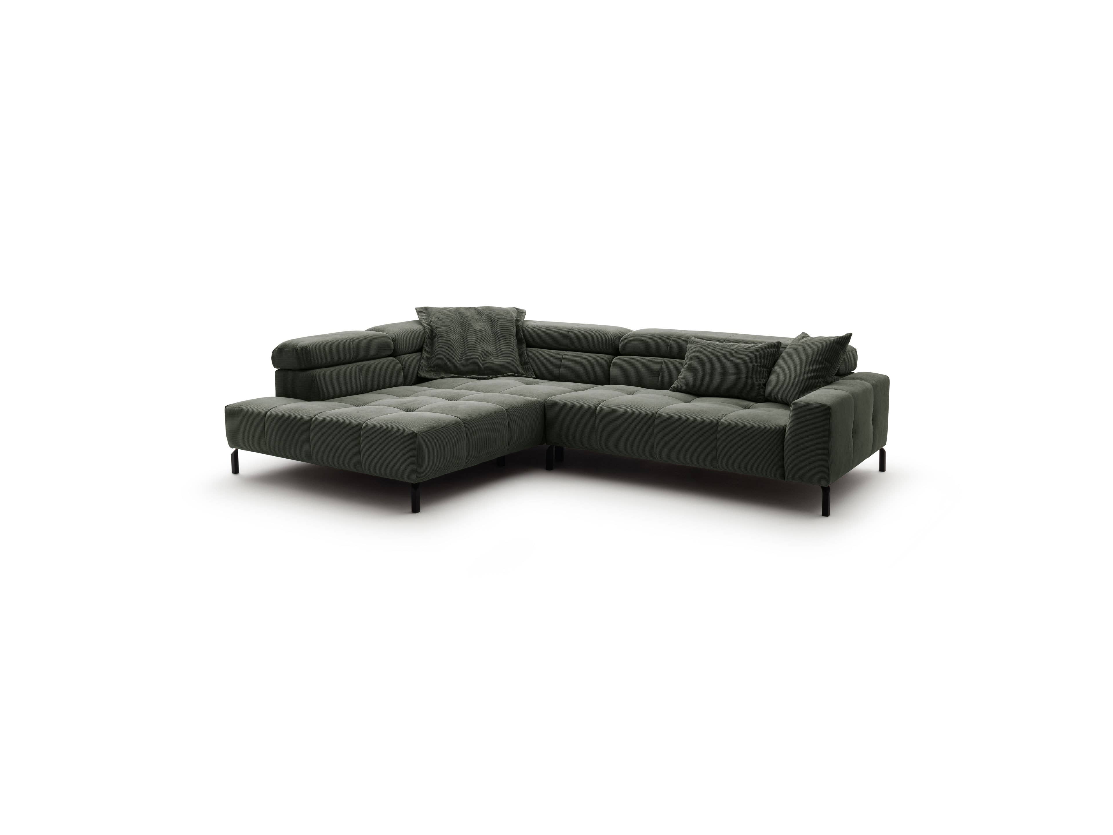 Ecksofa Kabs mit dunkelgrünem Stoffbezug, gepolsterter Sitzfläche und schwarzen Metallfüßen