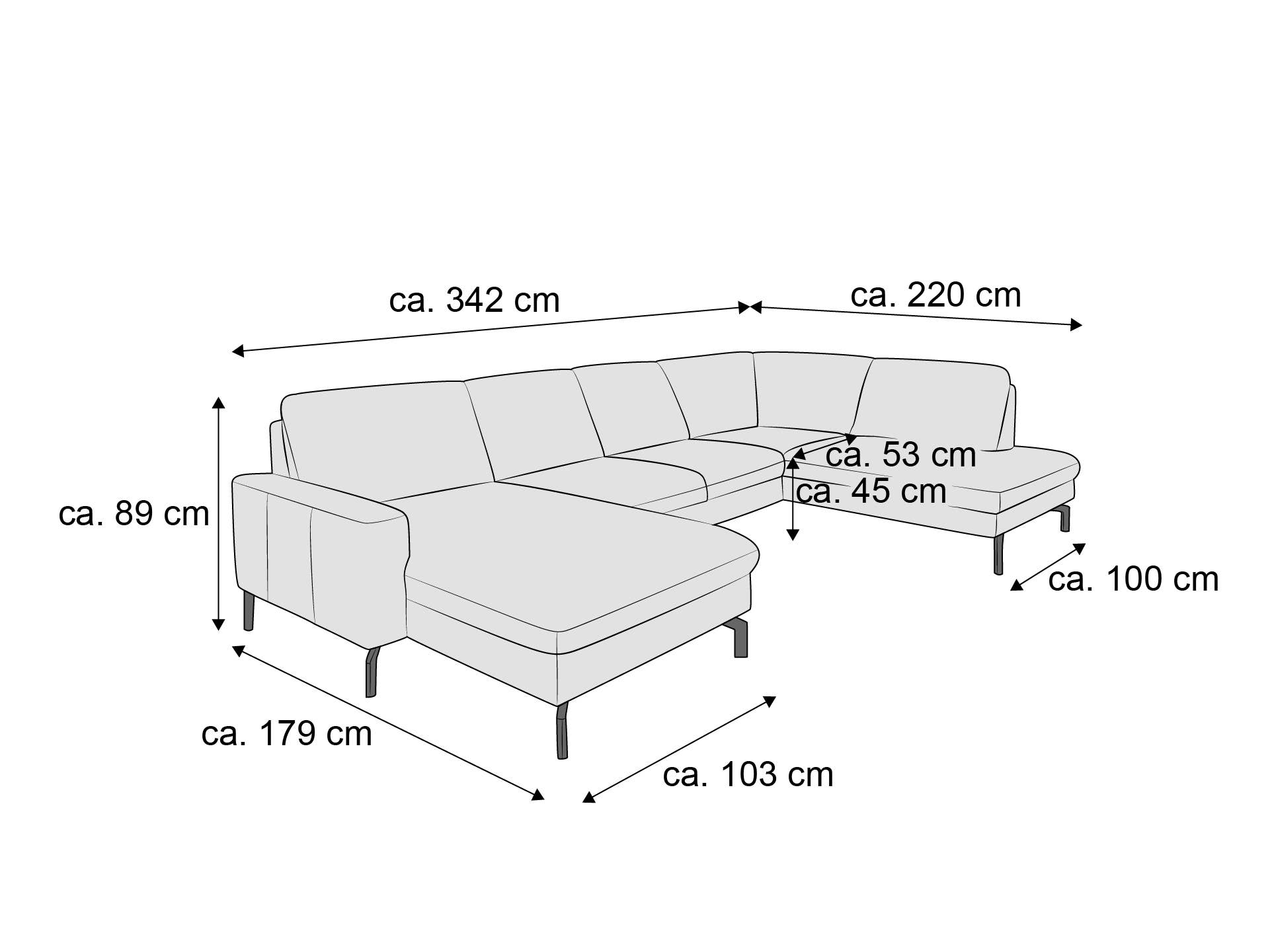 Ecksofa mit Armlehne links, gepolstert, helle Farbe, schwarze Metallfüße, Maße am Sofa ablesbar