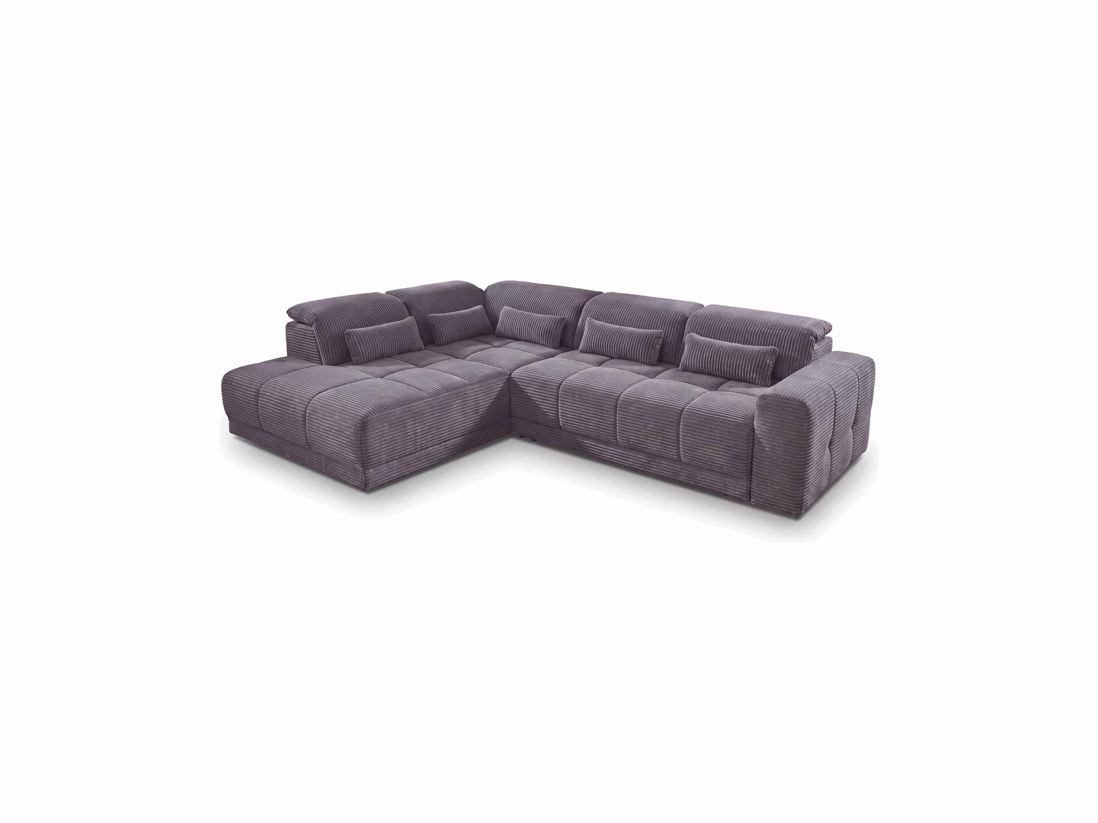 Ecksofa Kabs Polsterwelt aus grauem Cord mit breiten Armlehnen, gepolsterten Rückenlehnen und Kissen
