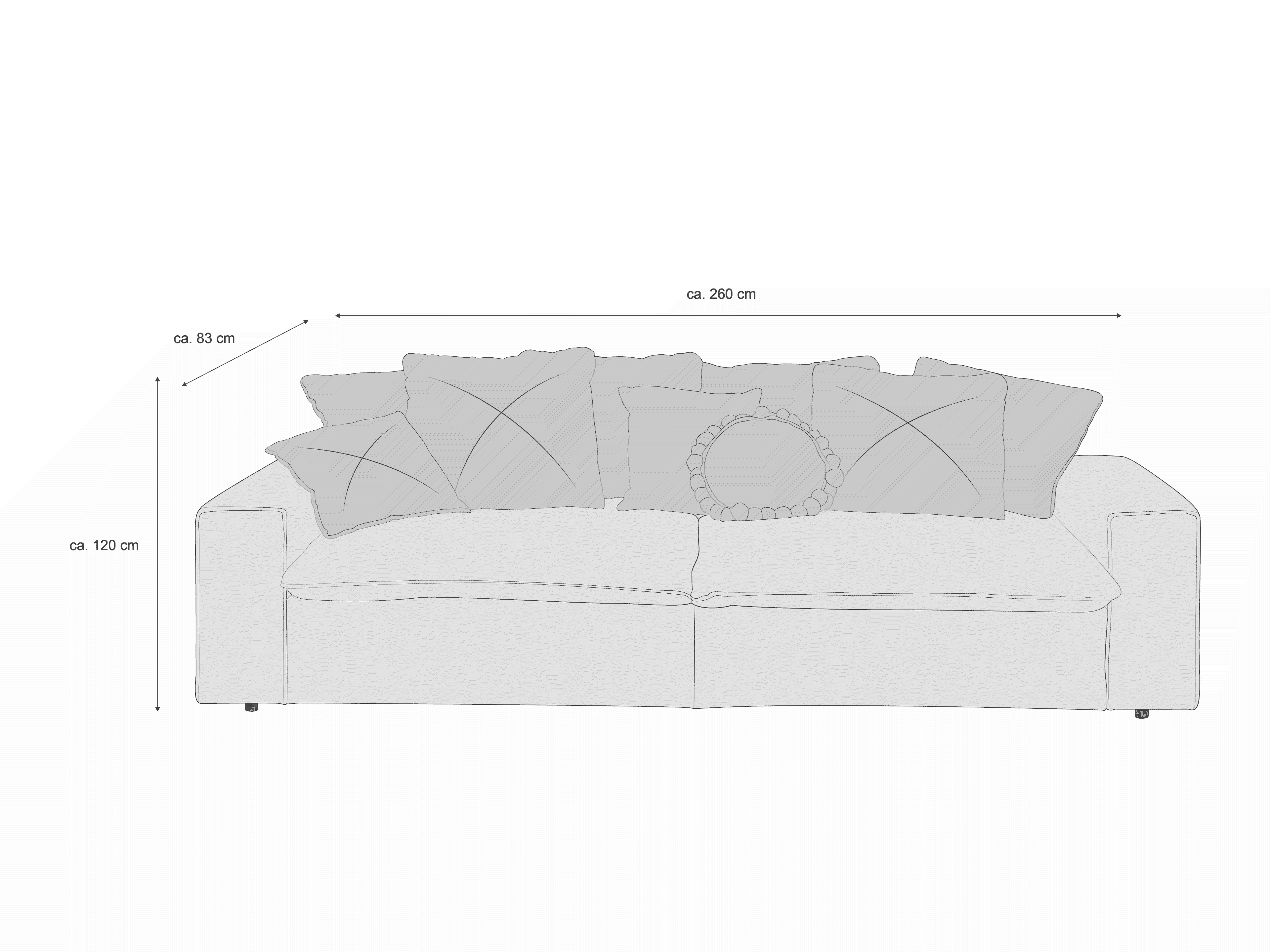 2-Sitzer Sofa mit Stoffbezug, rechteckige Form, breite Armlehnen und mehreren Sofakissen