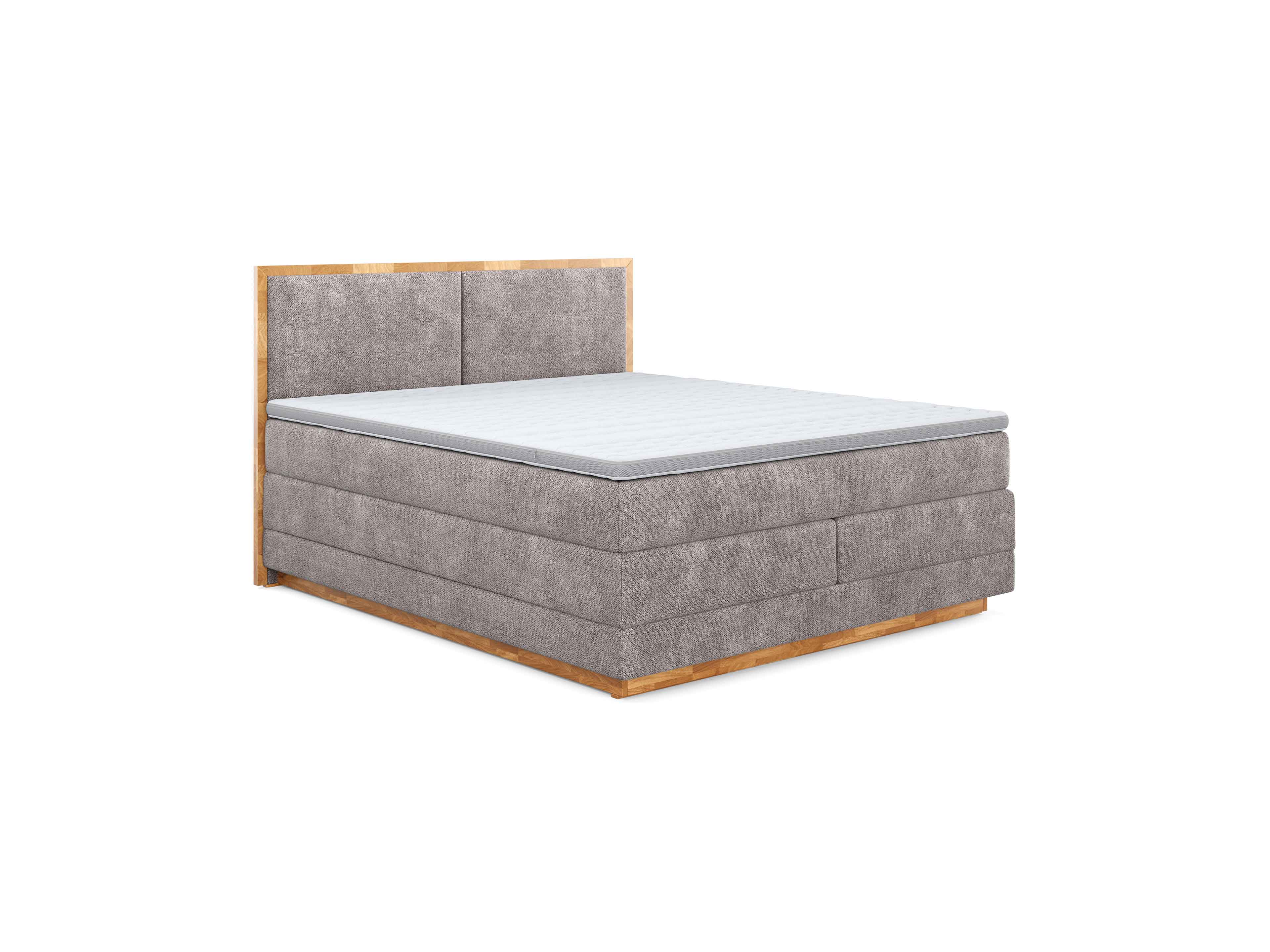 Boxspringbett Kabs Polsterwelt mit grauem Stoffbezug, gepolstertem Kopfteil und Holzrahmen