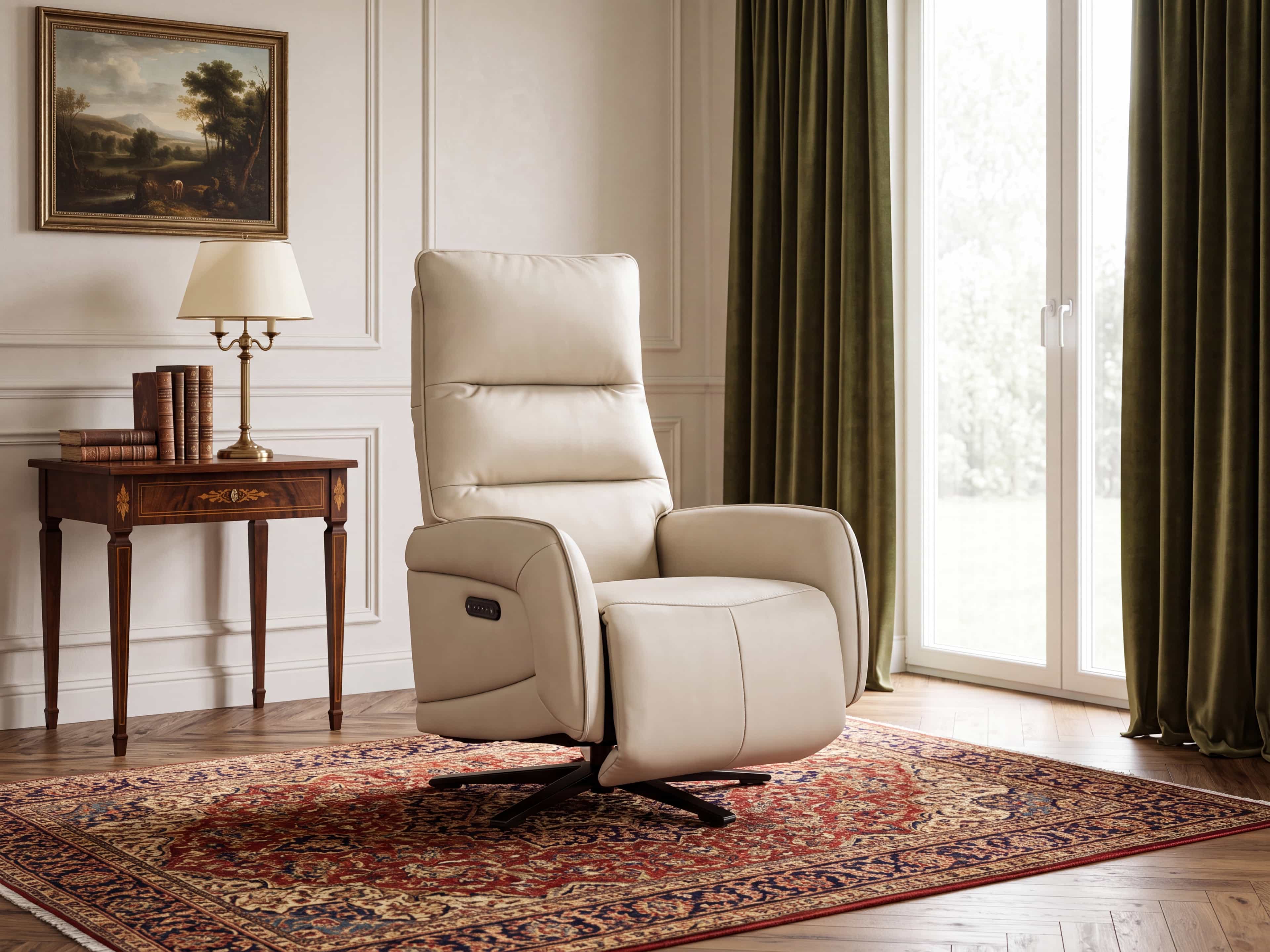 Relaxsessel Livorno in beige mit Lederbezug, hoher Rückenlehne und Armlehnen auf dunklem Drehteller.