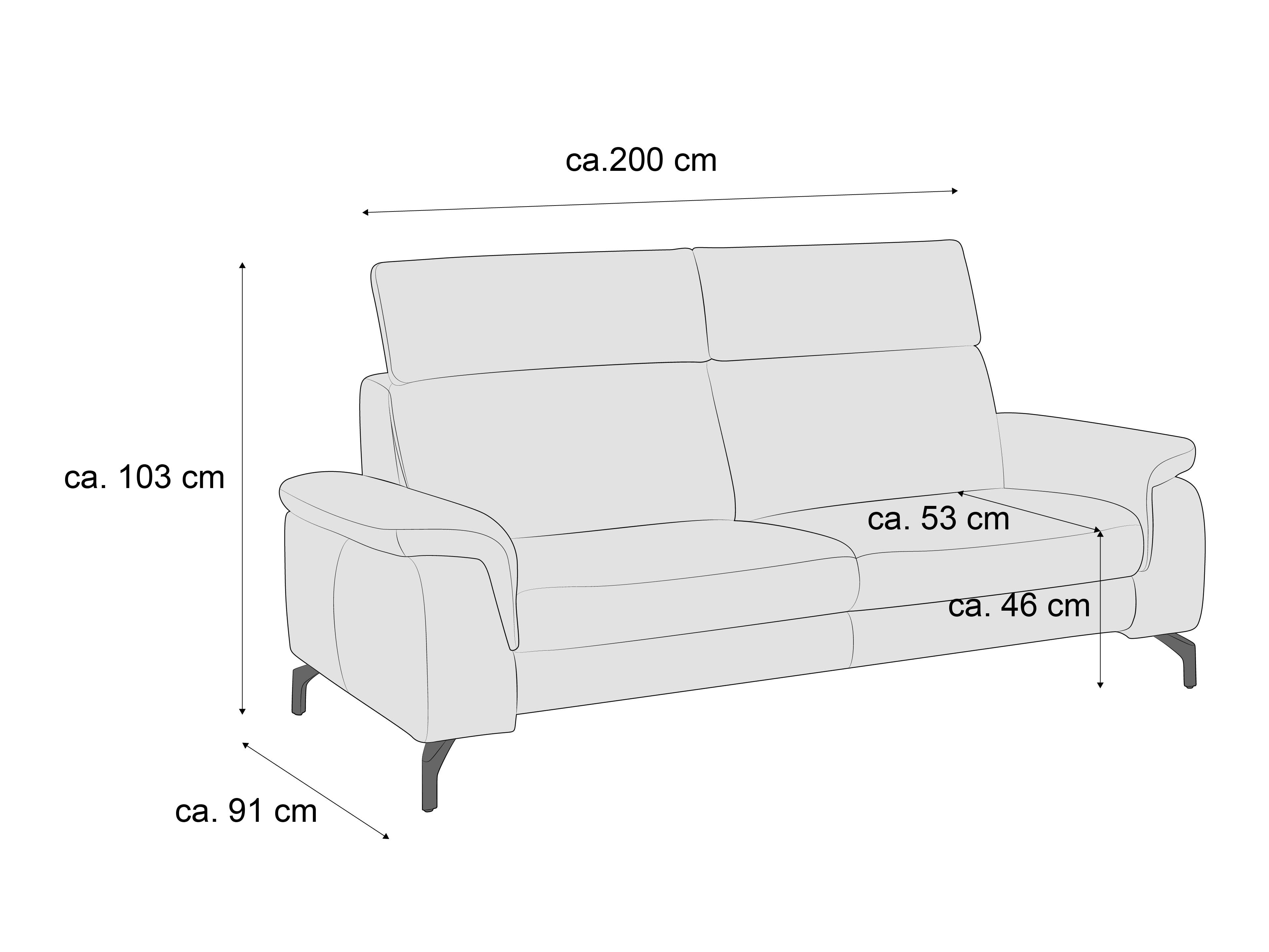 2-Sitzer Sofa mit gepolsterter Rückenlehne, breiten Armlehnen und Metallfüßen, Maße angegeben
