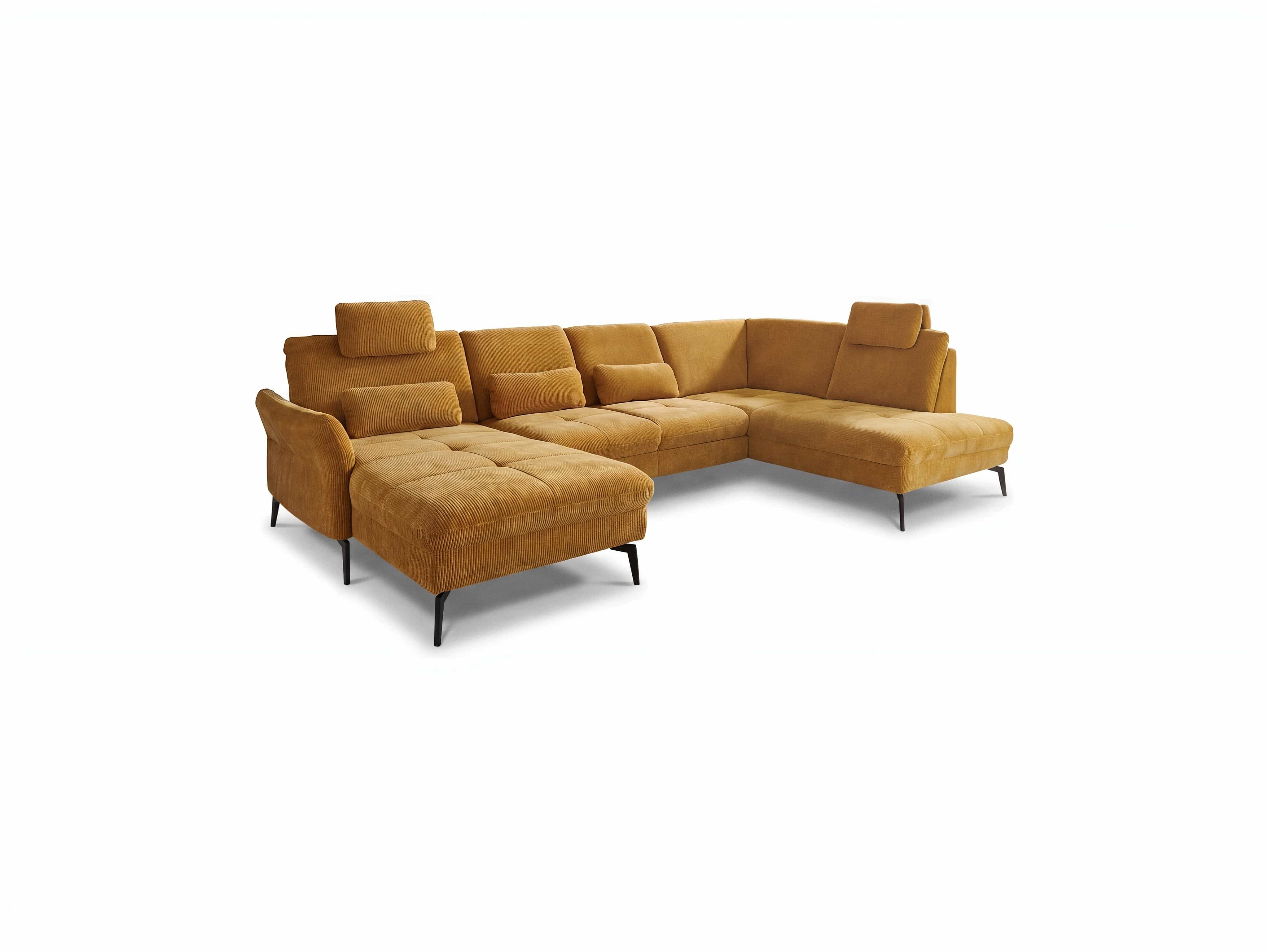 Ecksofa in L-Form mit gelbem Cordstoff, gepolsterten Rückenkissen, Kopfstützen und schwarzen Metallfüßen