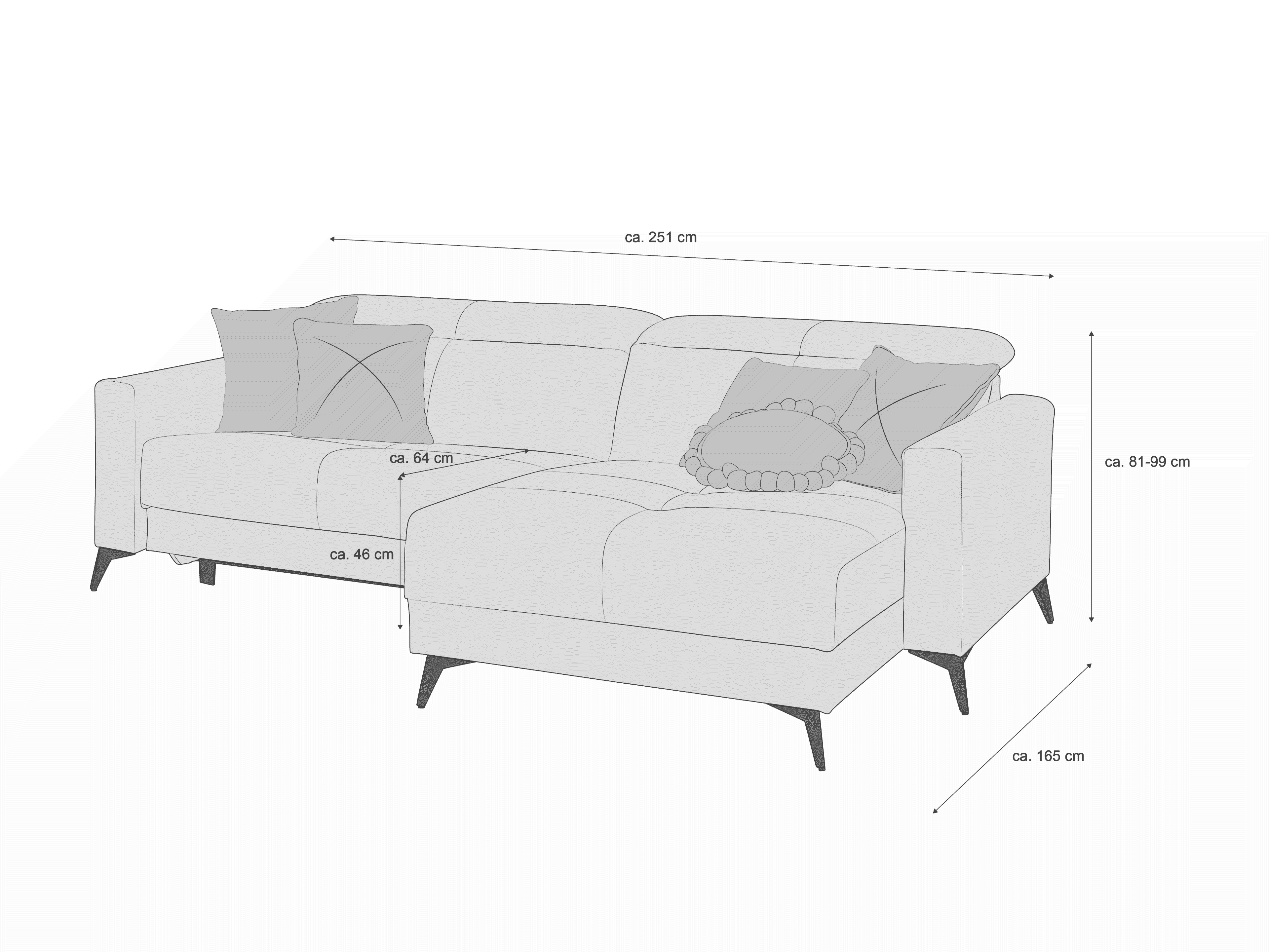 Ecksofa mit Stoffbezug, geraden Armlehnen, gepolsterten Sitzflächen und schwarzen Sofafüßen