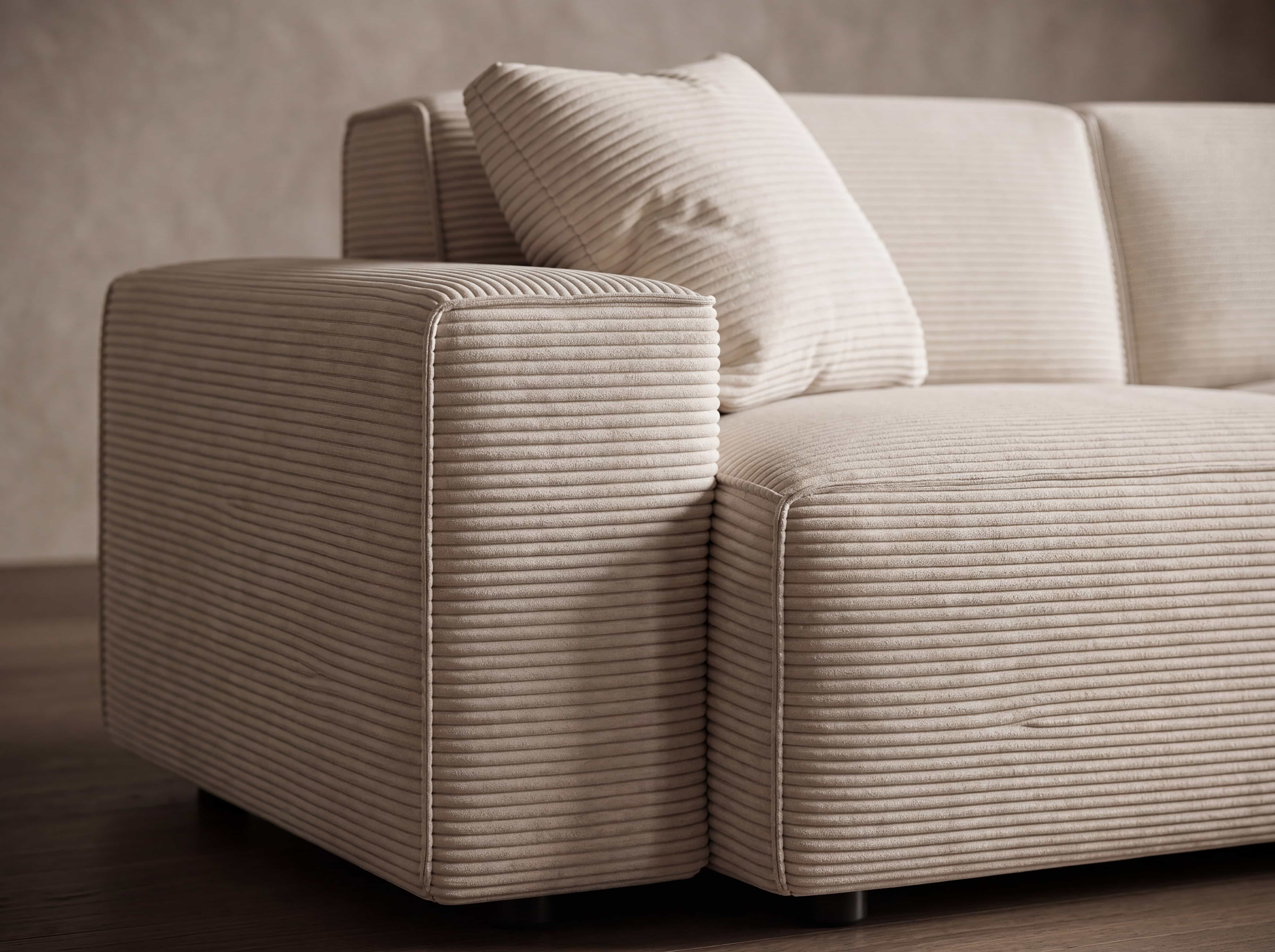 Ecksofa Kabs Polsterwelt mit beigem Cordbezug, breiter Armlehne und passendem Kissen