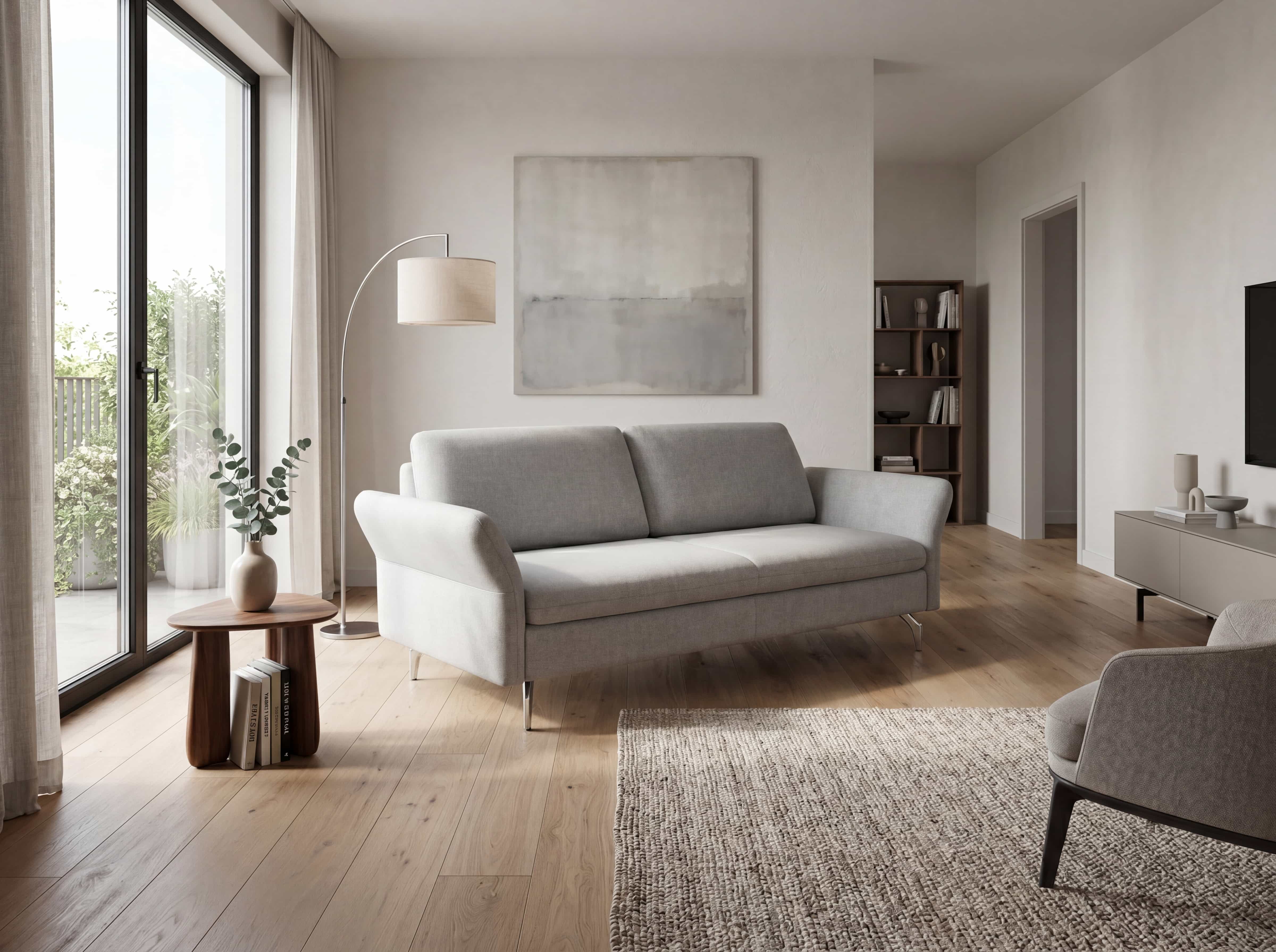 2-Sitzer Sofa mit hellgrauem Stoffbezug, gepolsterten Armlehnen und schlanken Metallfüßen