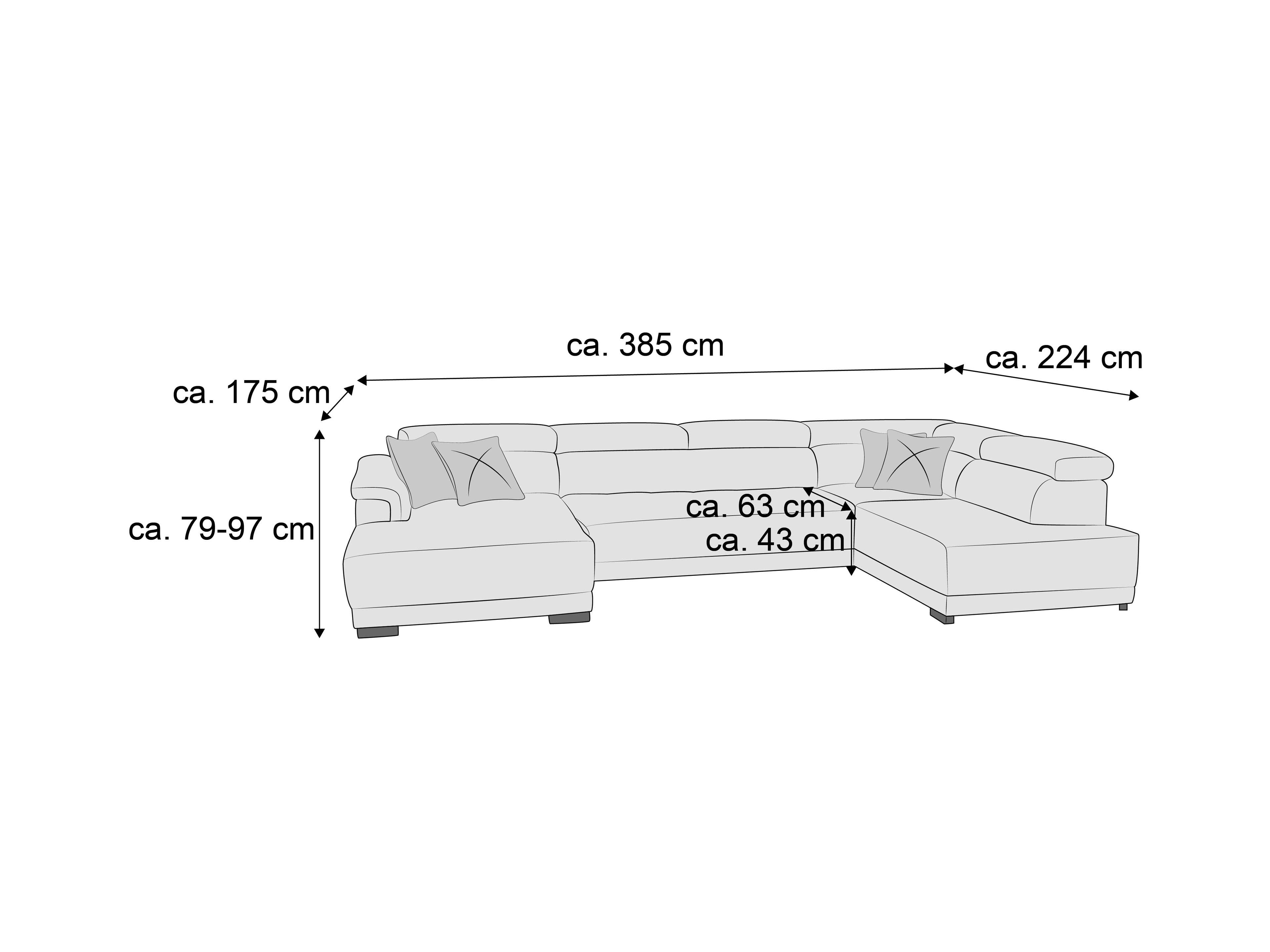 Ecksofa mit breiter Recamiere, gepolsterten Armlehnen, zwei Kissen und niedrigen Füßen