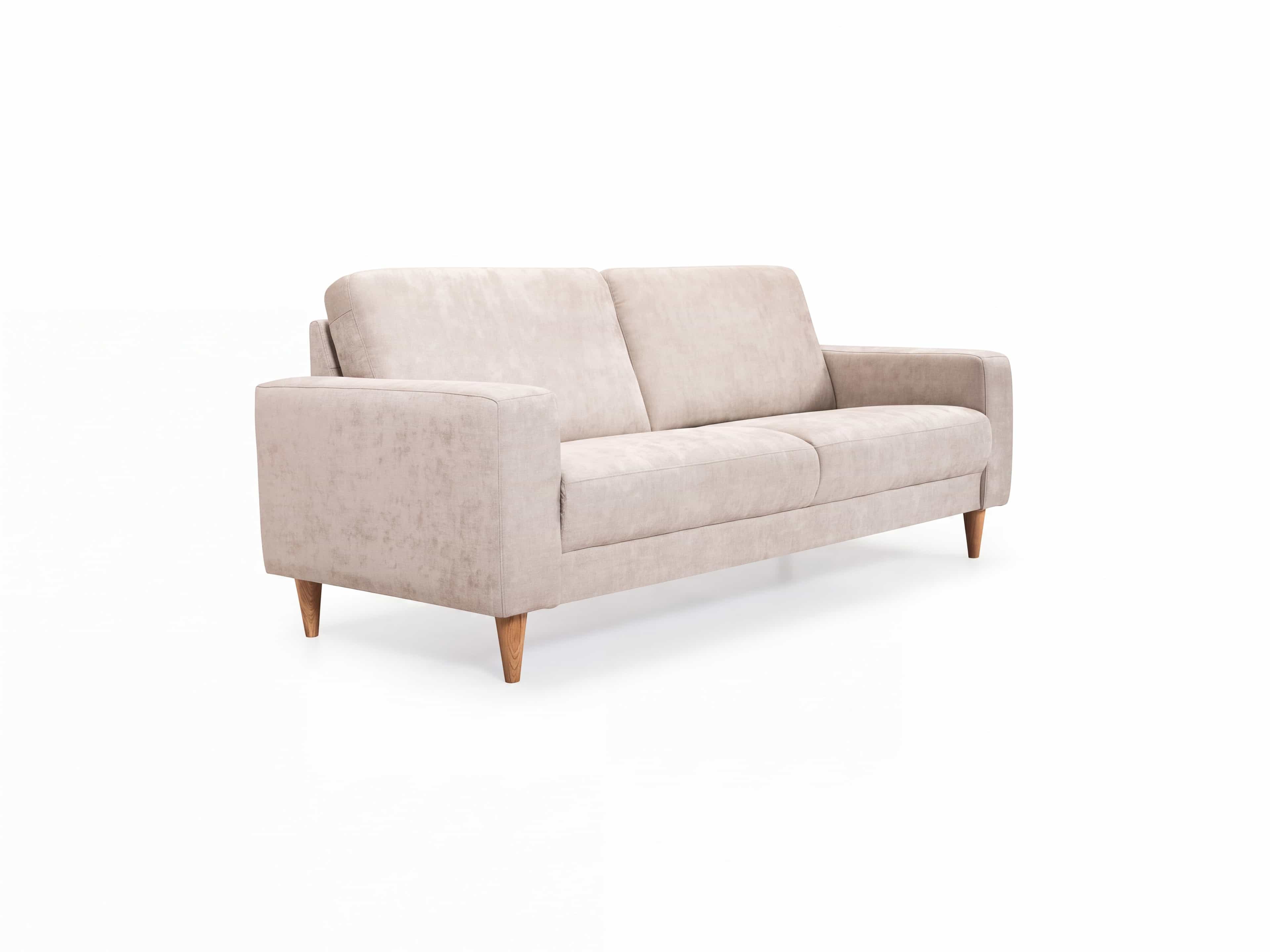 3-Sitzer Sofa Lenny mit beigefarbenem Stoffbezug, gepolsterter Rückenlehne und Holzfüßen