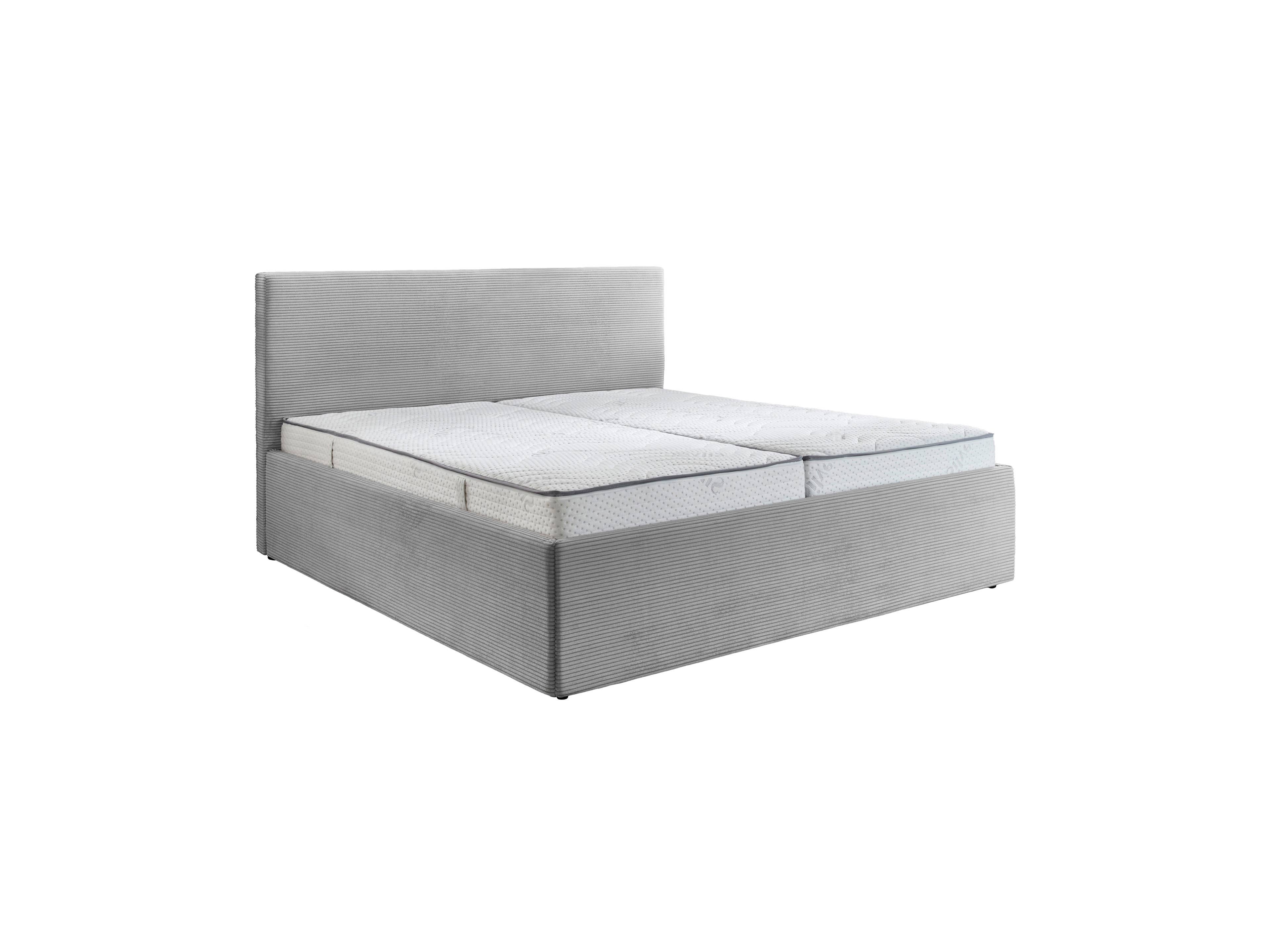 Boxspringbett mit gepolstertem Kopfteil, grauer Stoffbezug und weißer Matratze, seitliche Ansicht