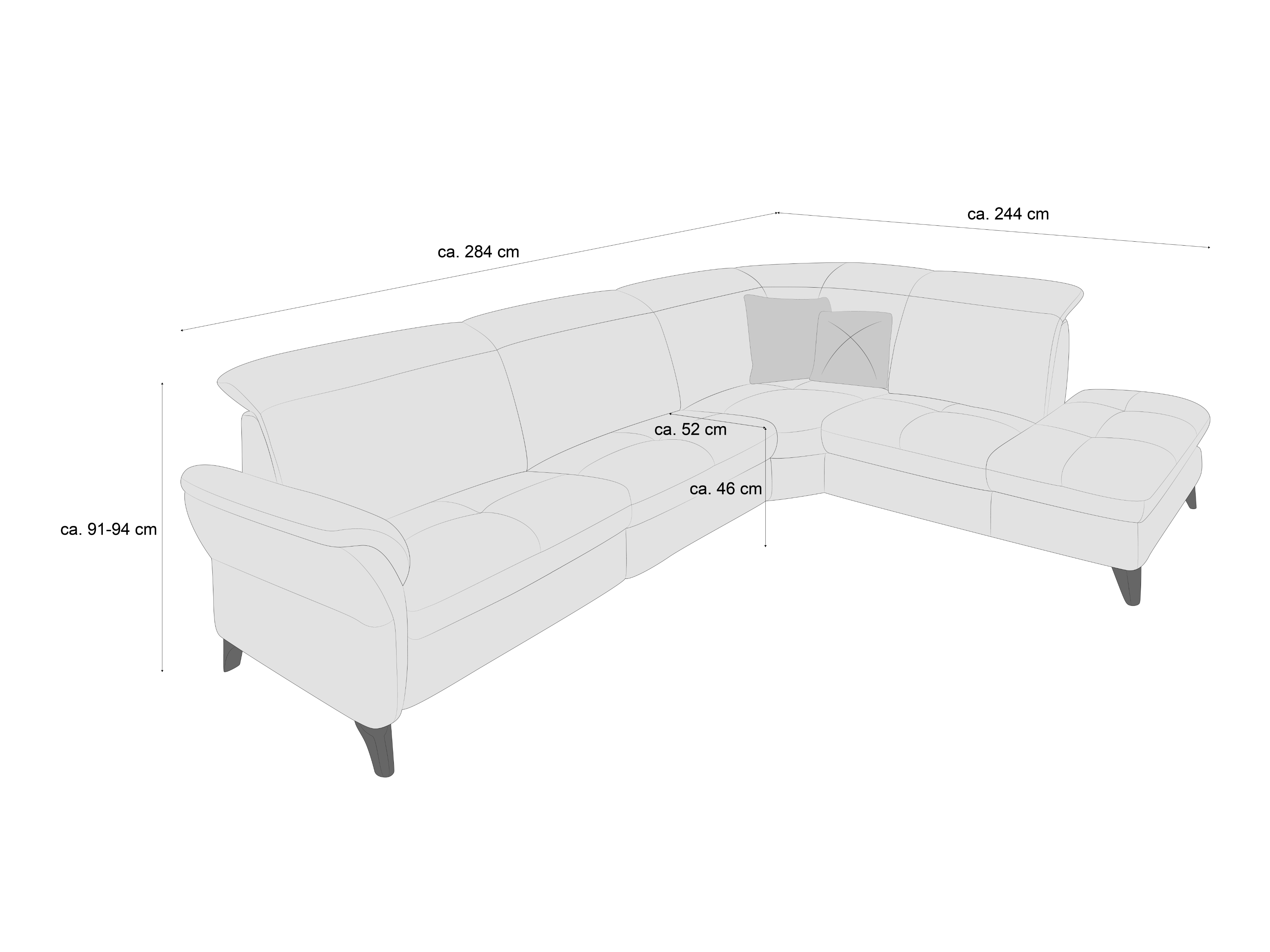 Ecksofa mit Stoffbezug, heller Farbton, gepolsterte Sitzflächen, Armlehnen, sichtbare Füße
