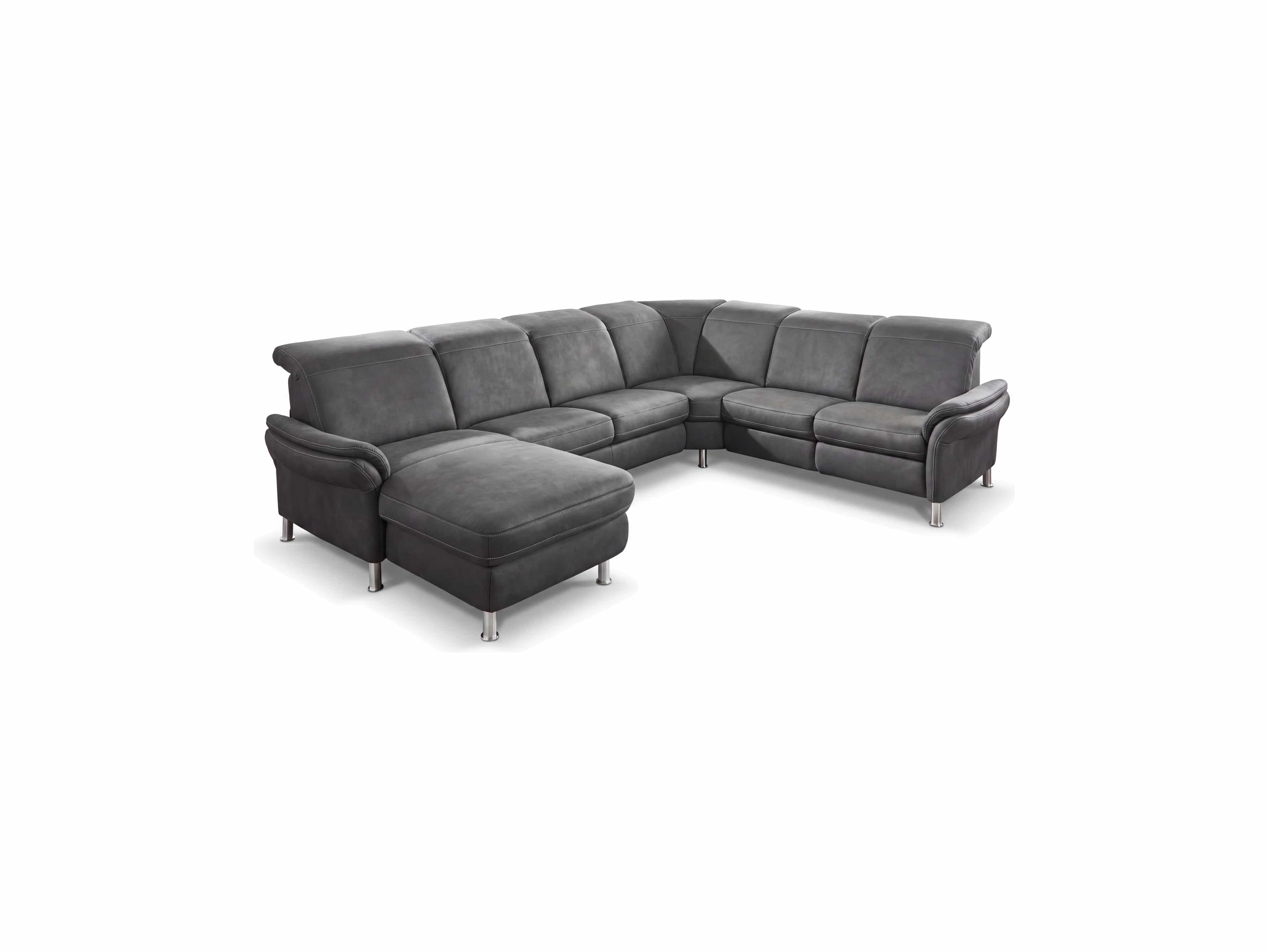Ecksofa Cosmo mit grauem Stoffbezug, gepolsterten Armlehnen und silberfarbenen Metallfüßen