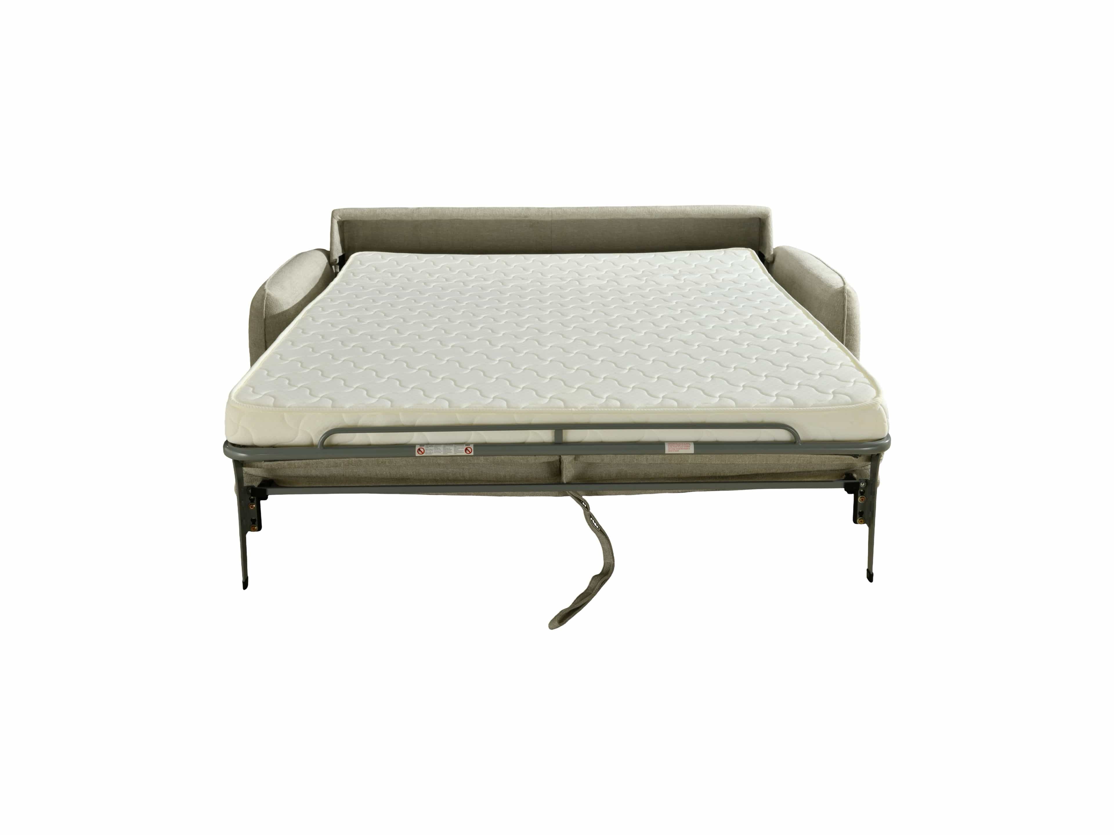 Schlafsofa – beigefarbener Bezug in Liegeposition mit ausgeklappter Liegefläche und Armlehnen