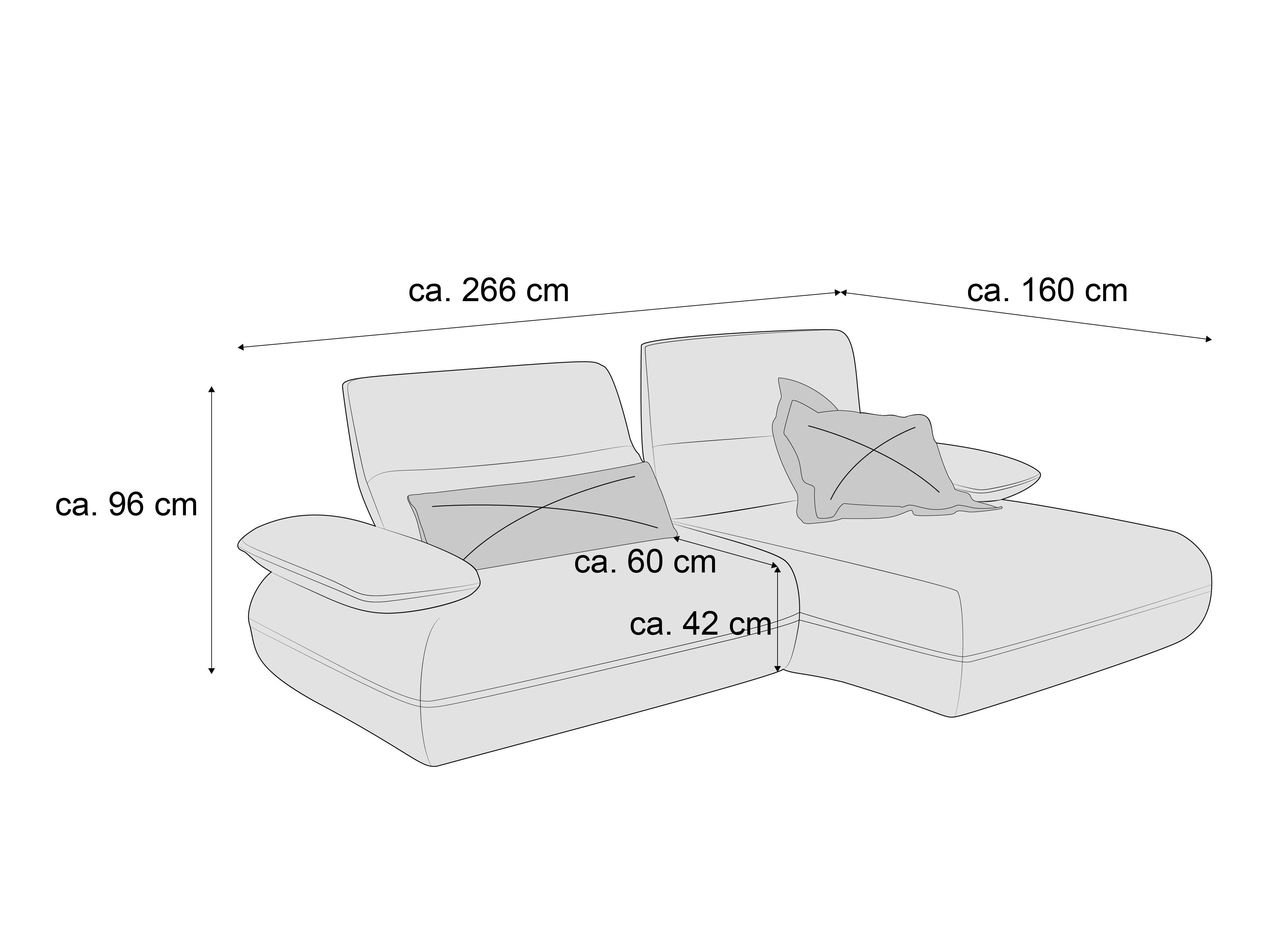 Ecksofa mit gepolsterten Rückenlehnen, breiten Armlehnen, zwei Kissen und sichtbaren Maßen