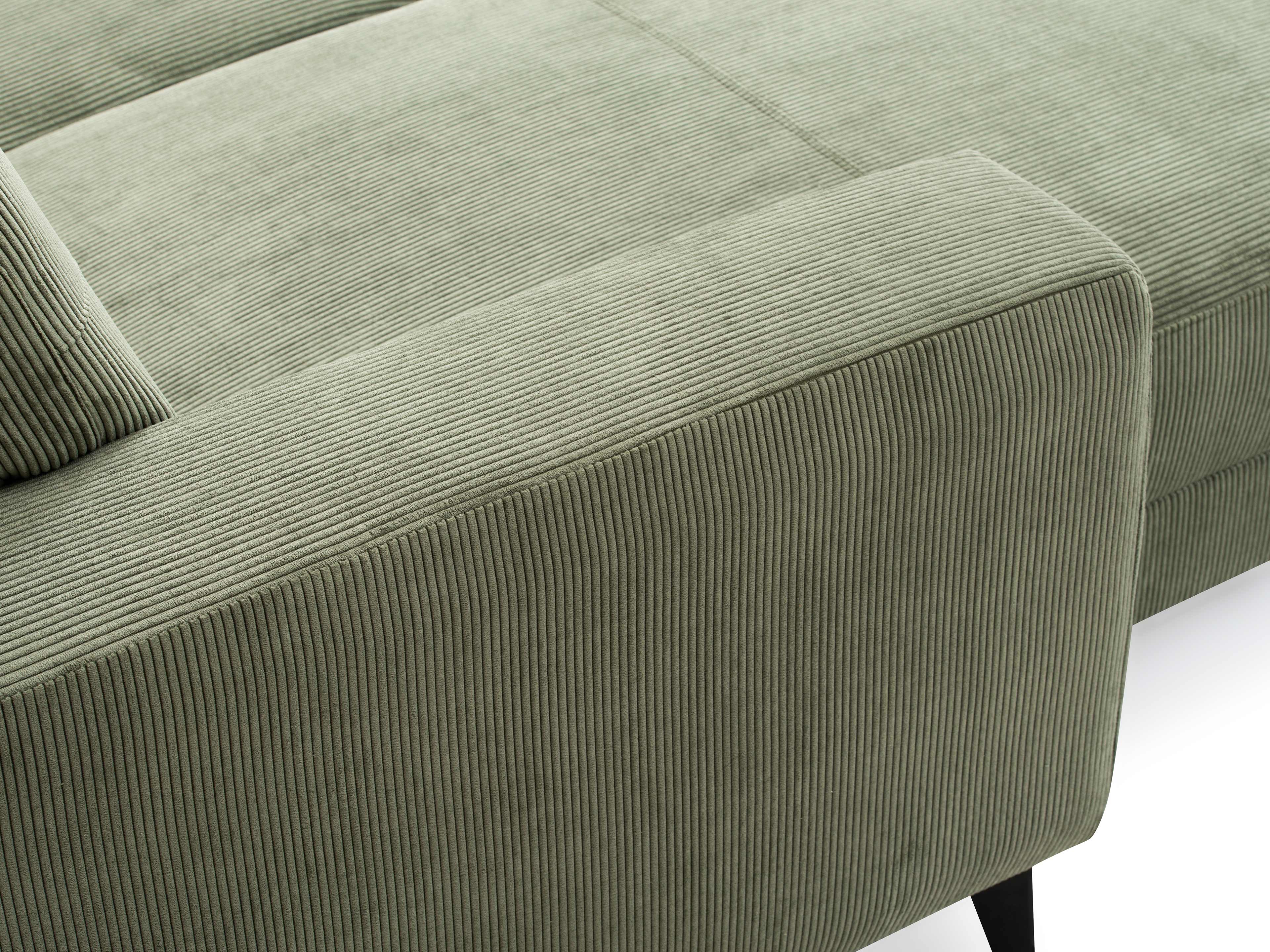 Ecksofa Kabs Polsterwelt mit grünem Cordbezug, Armlehne, gepolstertem Sitz und schwarzen Füßen