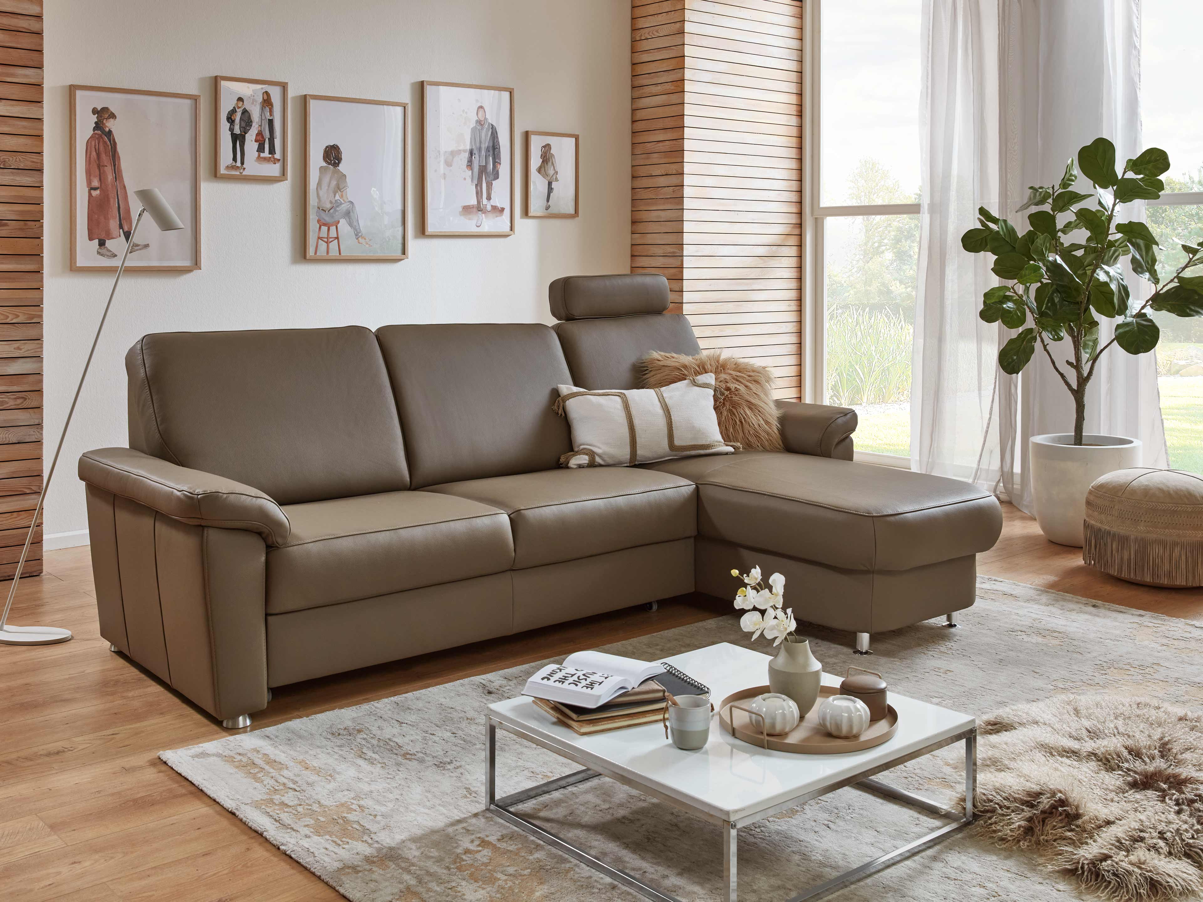 Ecksofa Kabs Polsterwelt, Lederbezug in Braun, breite Armlehnen, verstellbare Kopfstütze, L-Form