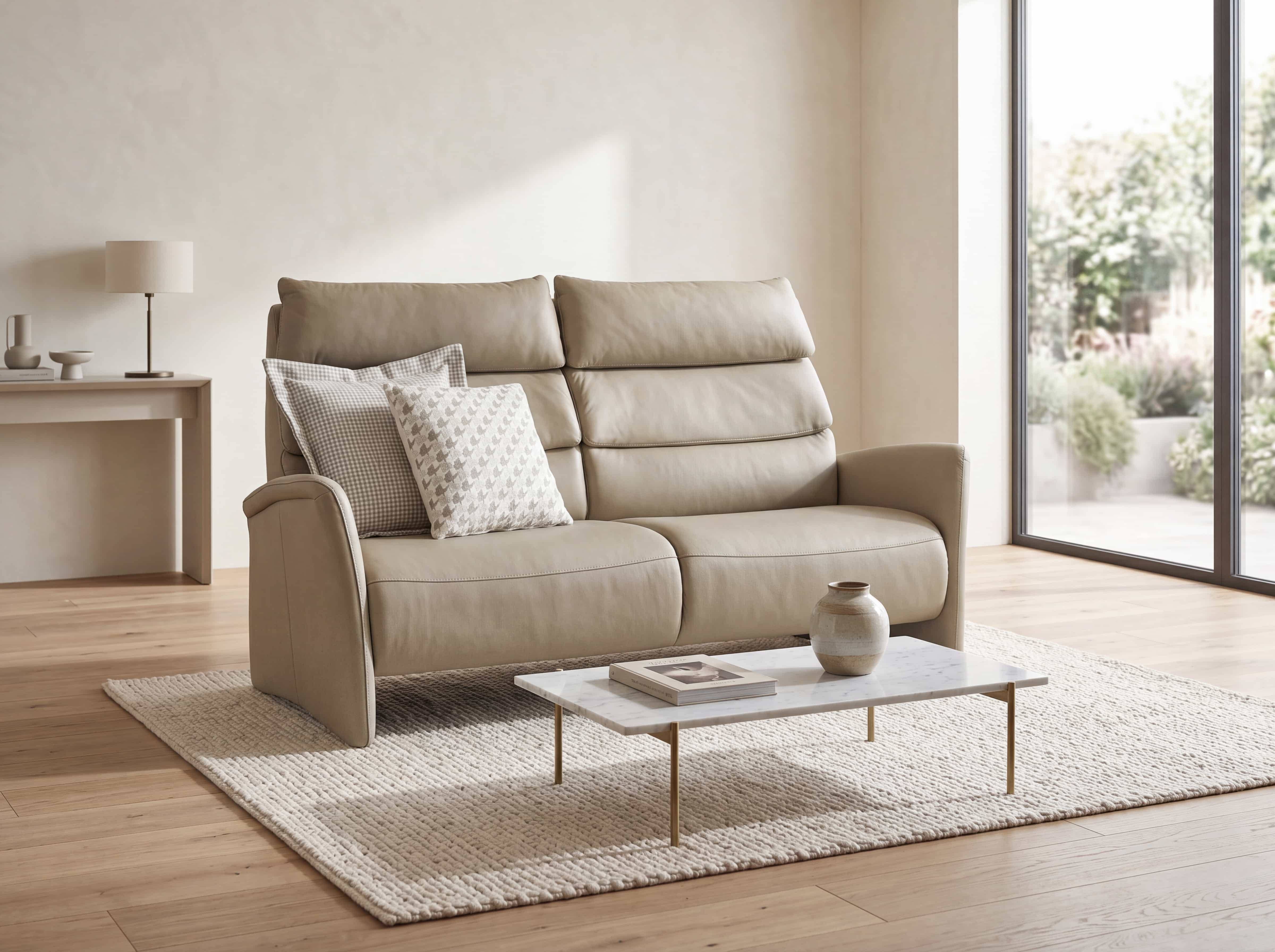 2-Sitzer Sofa Kabs Polsterwelt mit beigem Lederbezug, gepolsterter Rückenlehne und Armlehnen