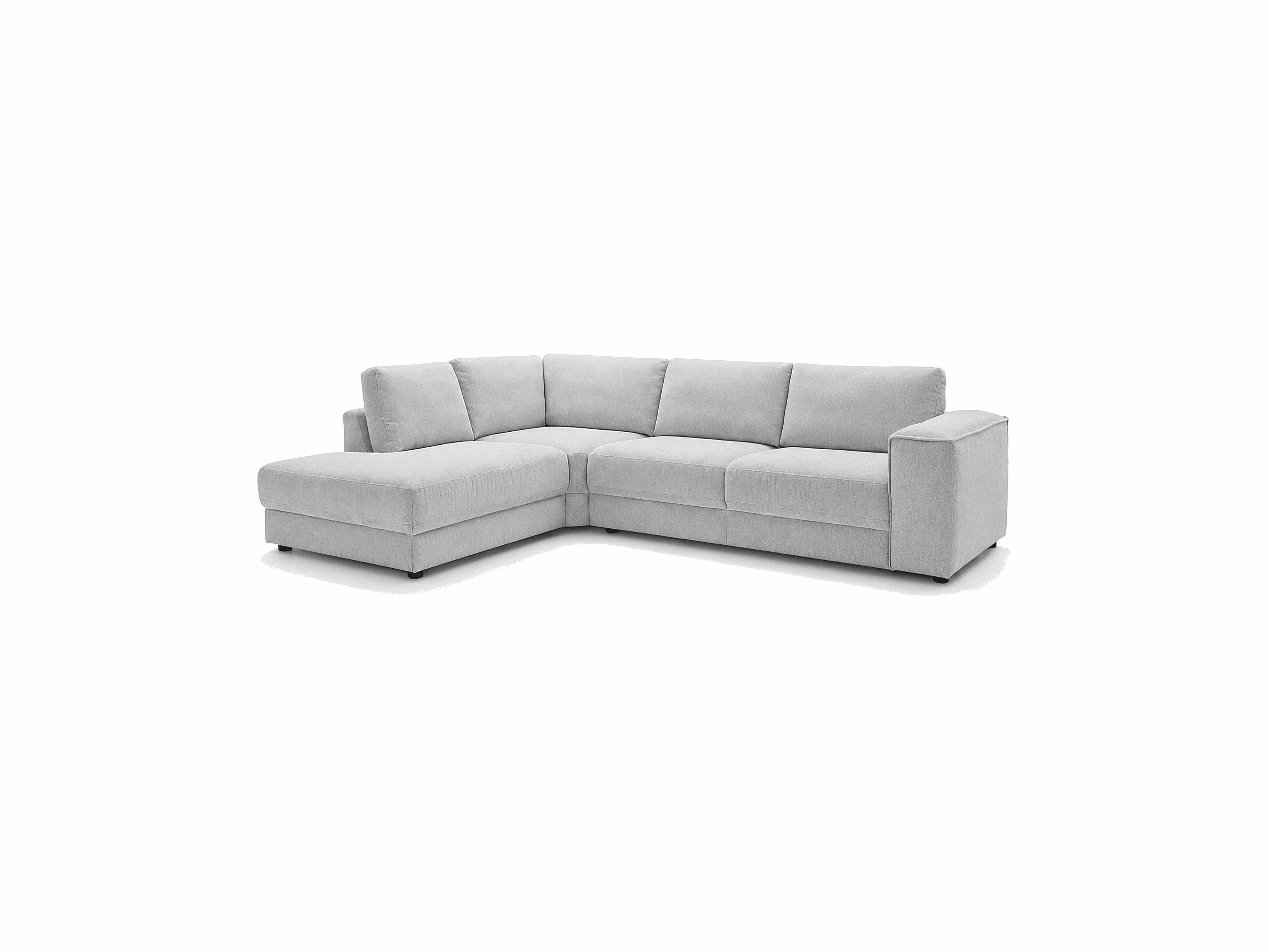 Ecksofa L-Form mit hellgrauem Stoffbezug, breiten Armlehnen und gepolsterten Rückenlehnen
