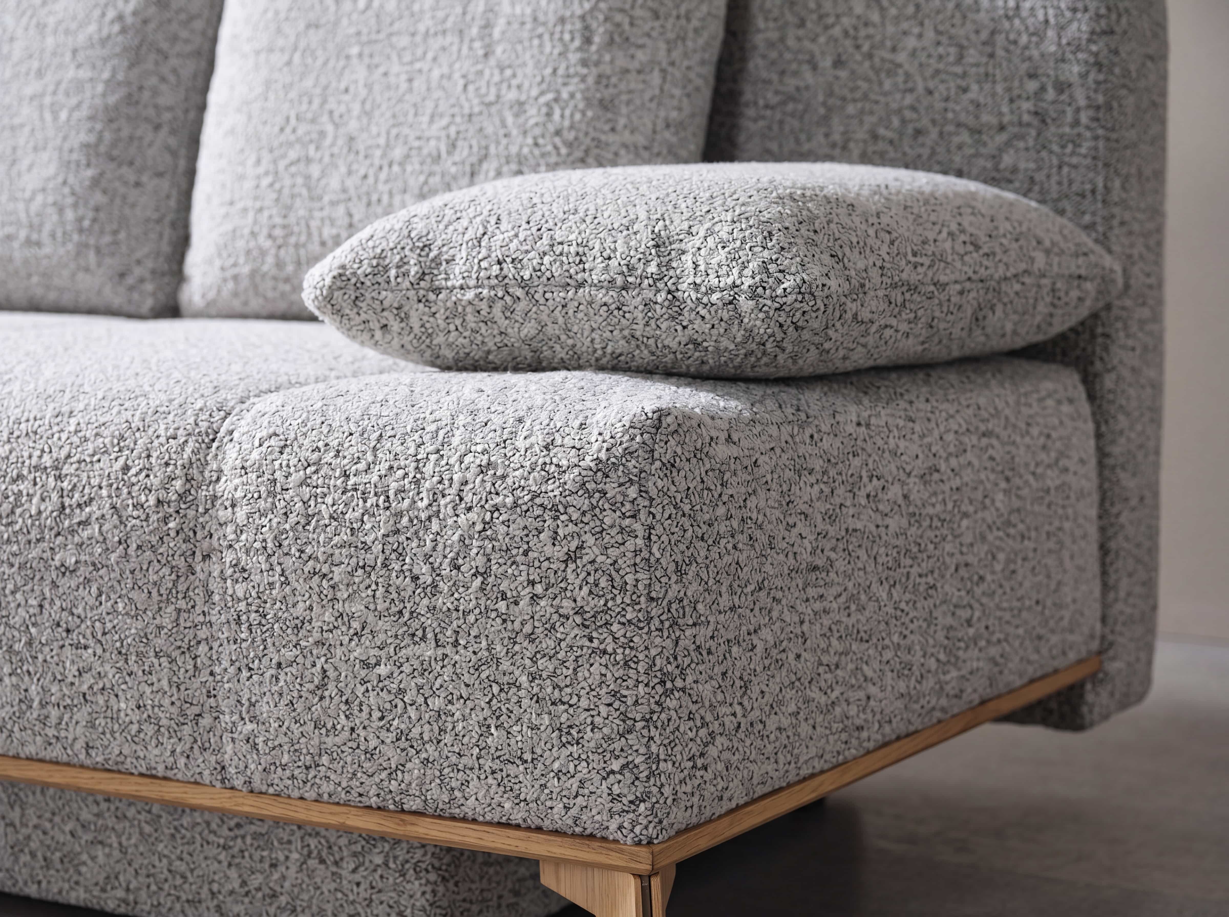 Sofa – Detailansicht der grauen Bouclé-Oberfläche mit losen Rückenkissen und Holzsockel