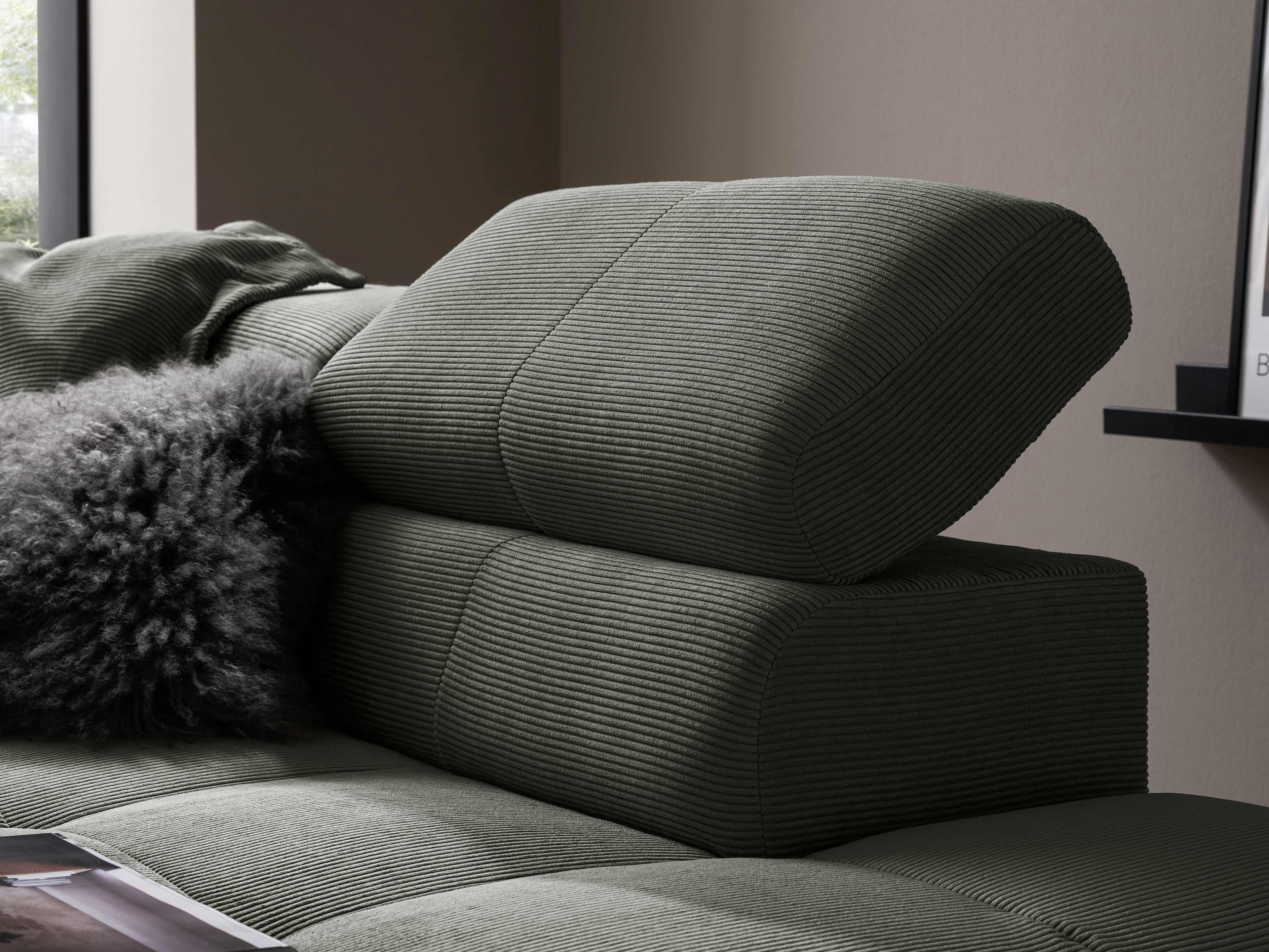 Ecksofa York mit verstellbarer Kopfstütze, Bezug in dunkelgrünem Cordstoff, geradlinige Form