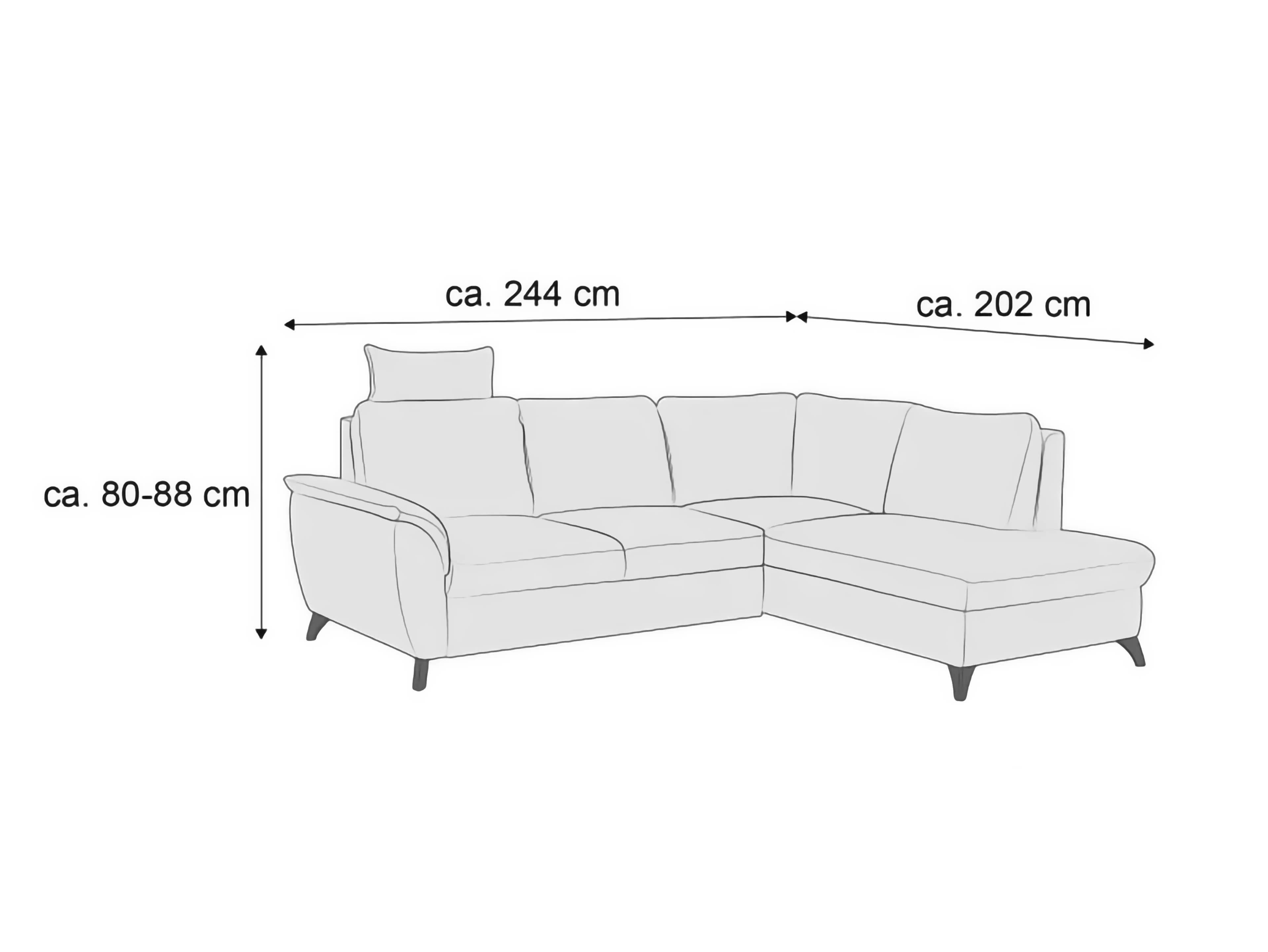 Ecksofa mit Armlehnen und Kopfstütze, gepolstert, L-Form, sichtbare Füße, Maße eingezeichnet